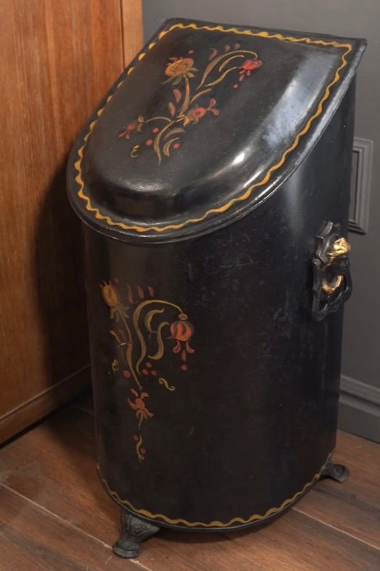 Antique European Hand‑Painted Tole Coal Scuttle | Victorian Fireplace Bucket, c.1880