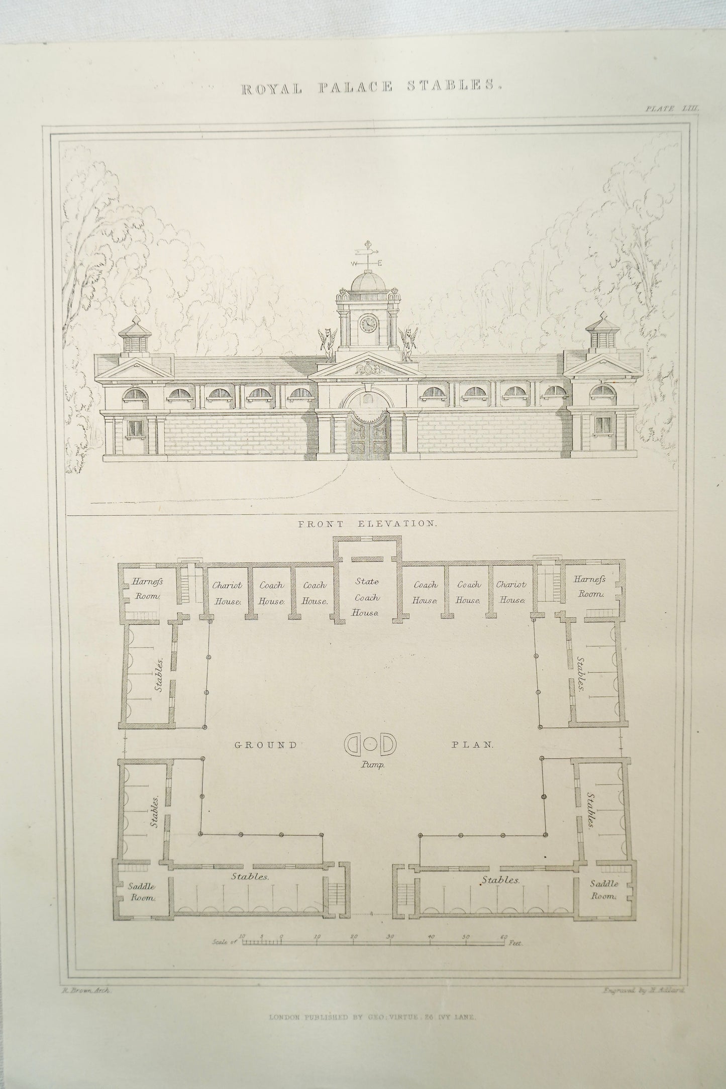Antique Royal Palace Stables Architectural Engraving, Plate III, J. Le Keux, c. 1830–1860
