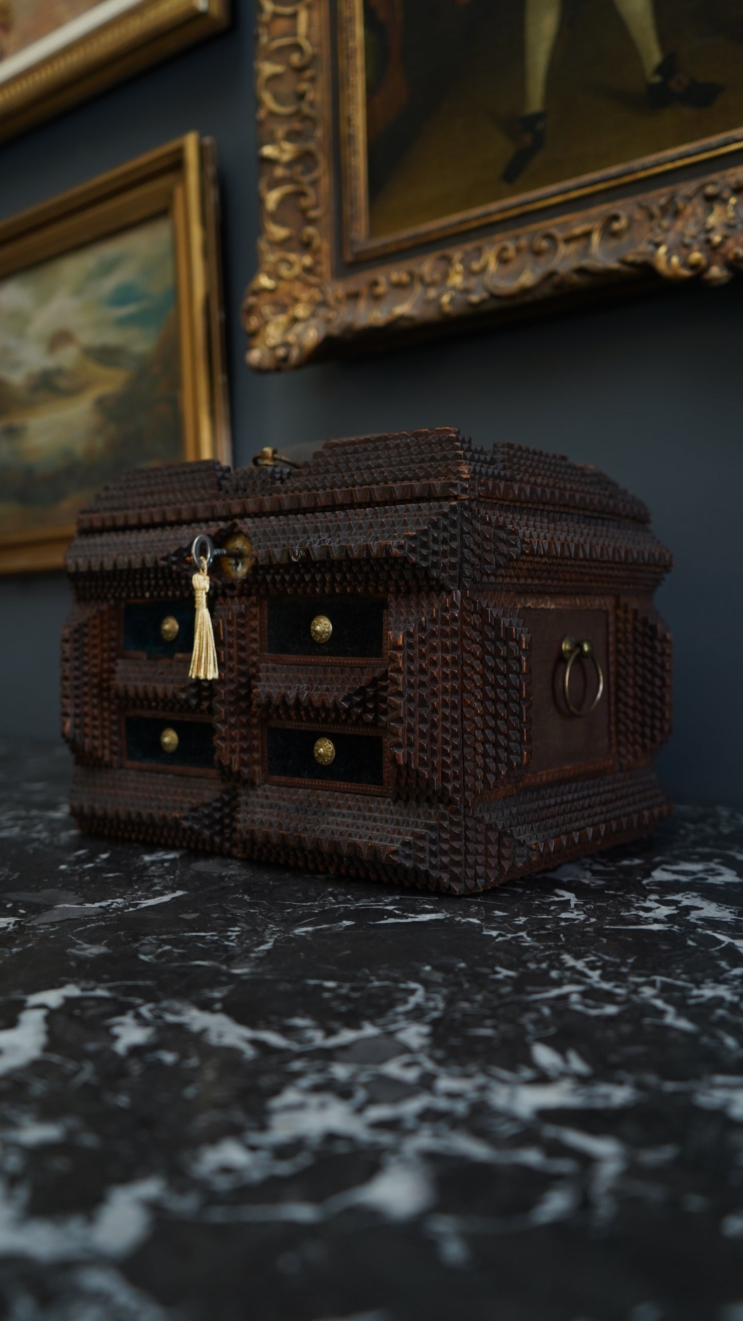 Antique Tramp Art Sewing Box with Drawers and Mirror, Hand-Carved Folk Art Keepsake Chest, Late 19th Century