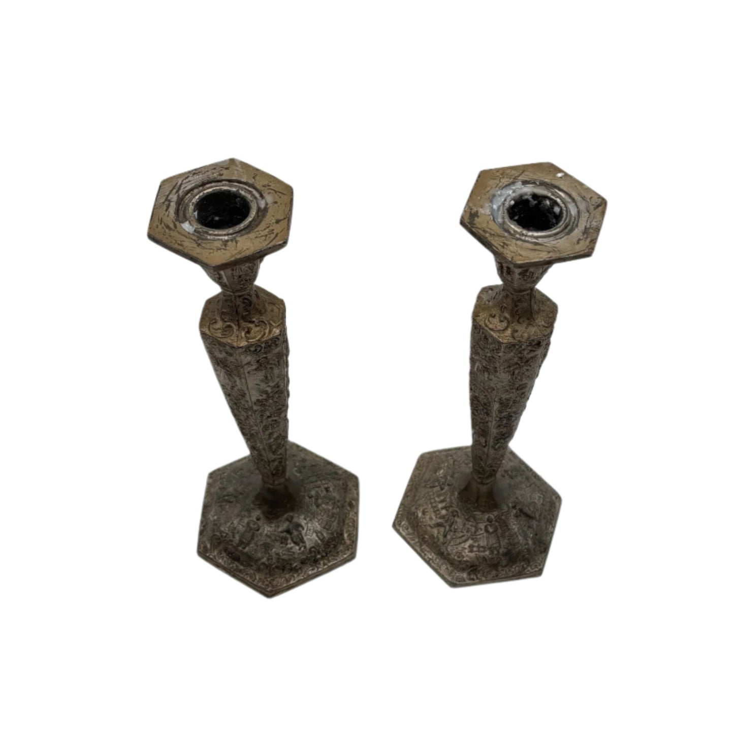 Pair of Weidlich Brothers Dutch Windmill Repoussee Silver Plated Candleholders, Pair of Vintage Silver-Plated Candlestick Holders