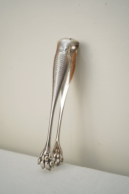 Antique French Silver Plate Sugar Tongs with Paw Feet, c. 1890–1930