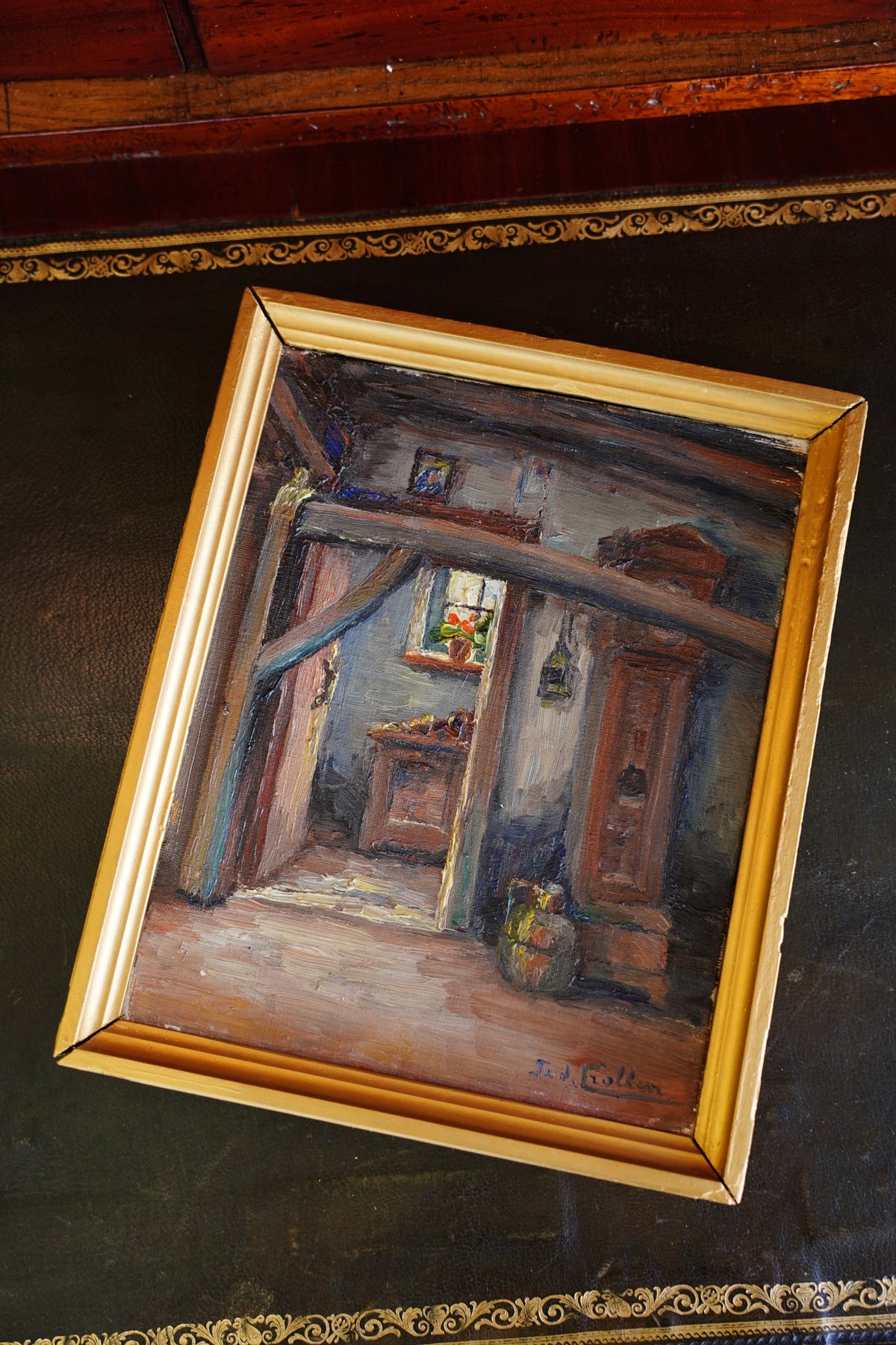 Vintage Flemish Interior Oil Painting, Cottage Doorway with Geranium