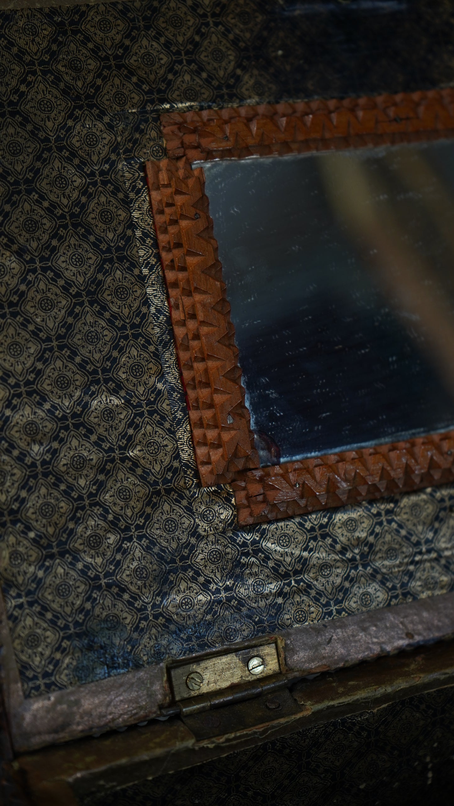 Antique Tramp Art Sewing Box with Drawers and Mirror, Hand-Carved Folk Art Keepsake Chest, Late 19th Century