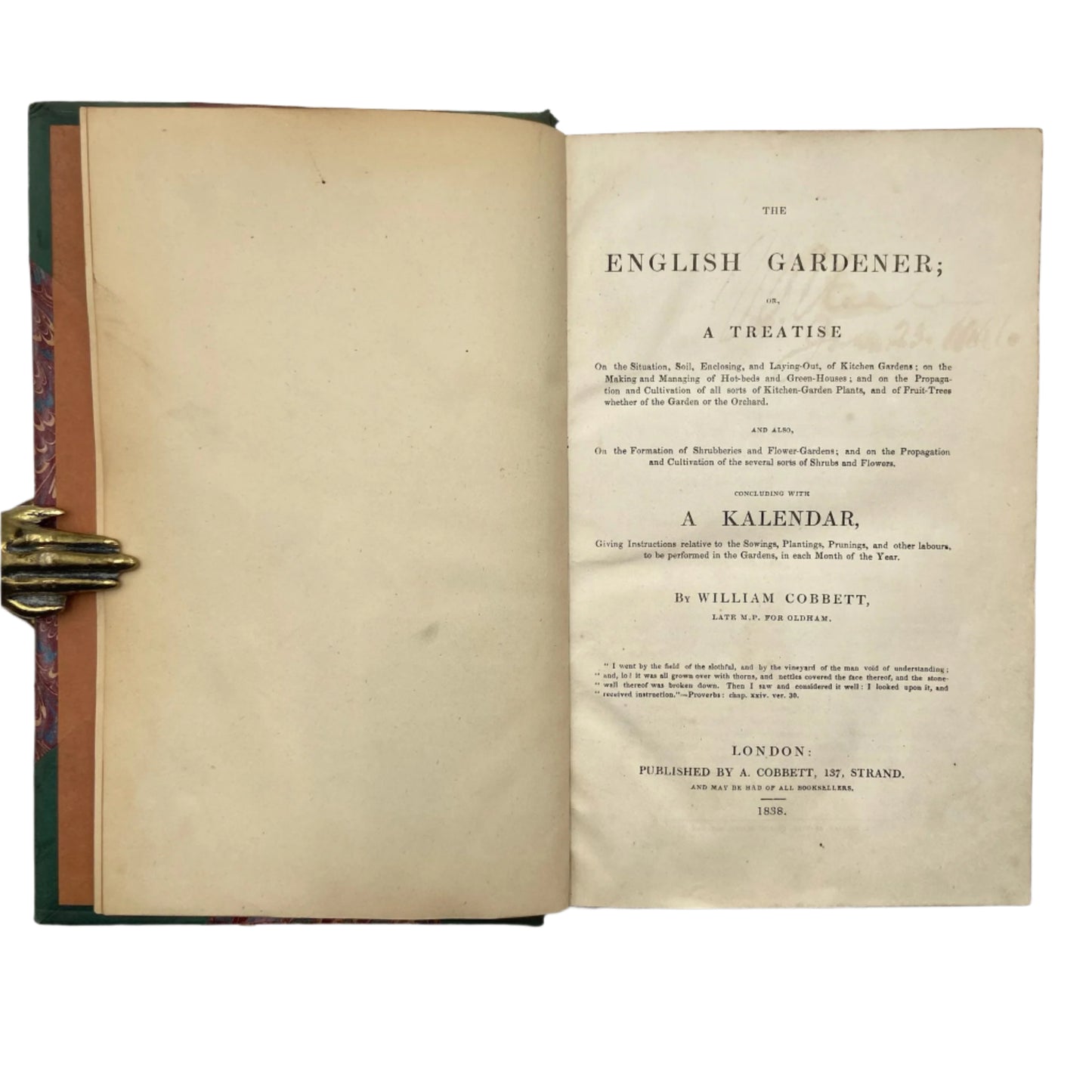 Antique 1838 "The English Gardener" Half Dark Green Leather Book, Highly Illustrated with Fold Out