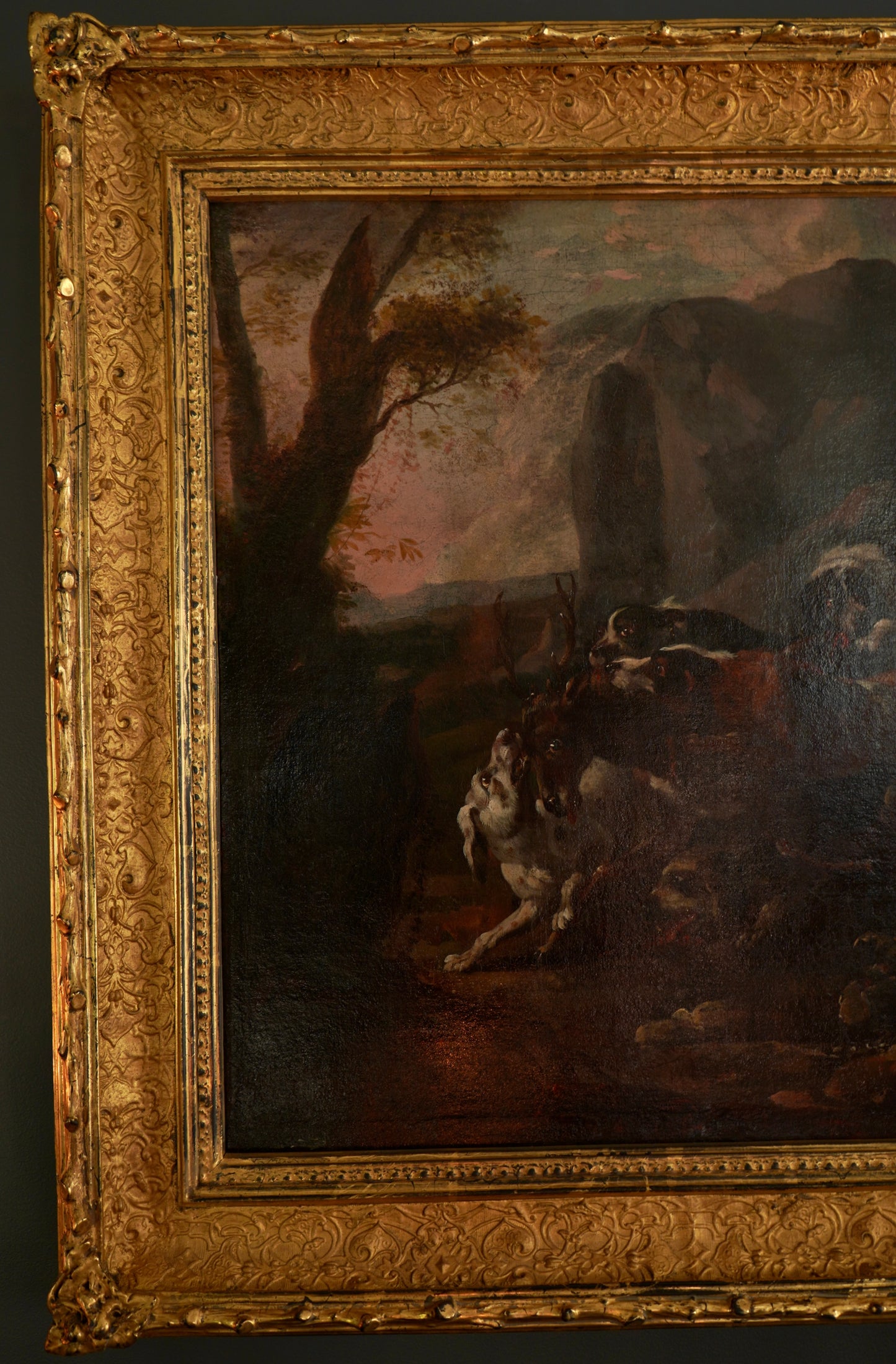 “Hounds Hunting Stag” – 18th Century French Oil Painting Attributed to the Fontainebleau Tradition