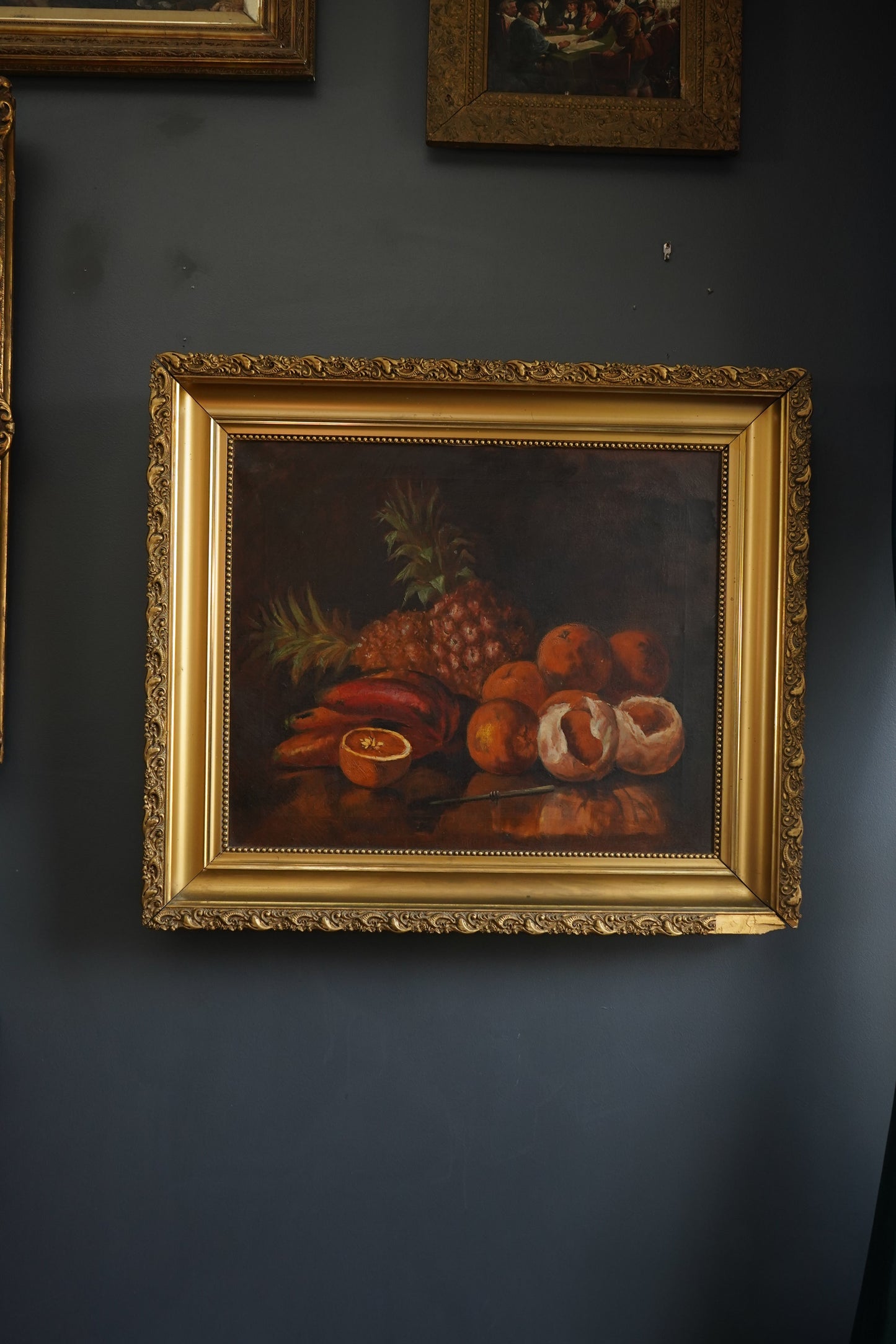 Antique European Still Life Oil Painting with Pineapple and Citrus in Gilded Frame