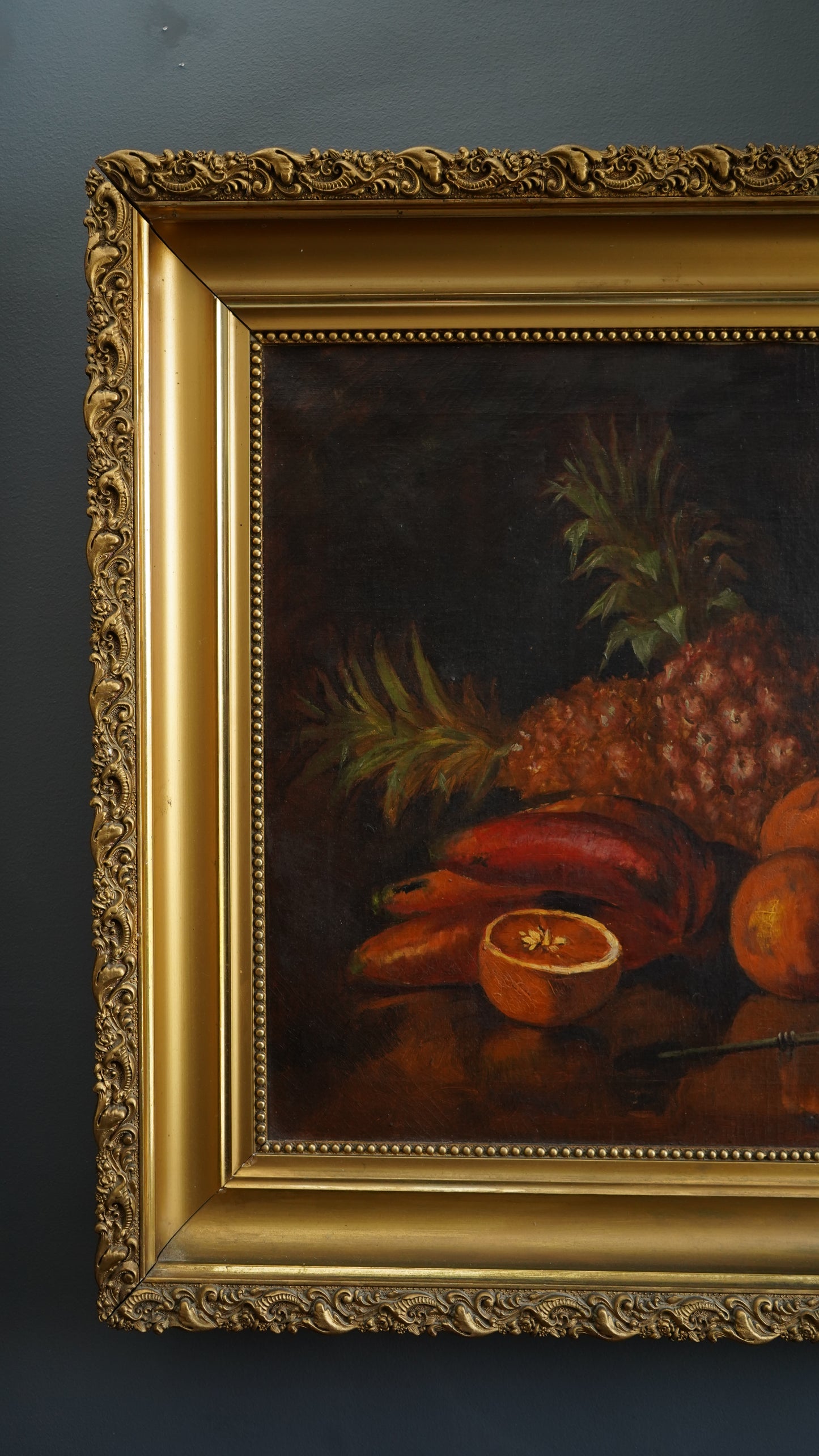 Antique European Still Life Oil Painting with Pineapple and Citrus in Gilded Frame