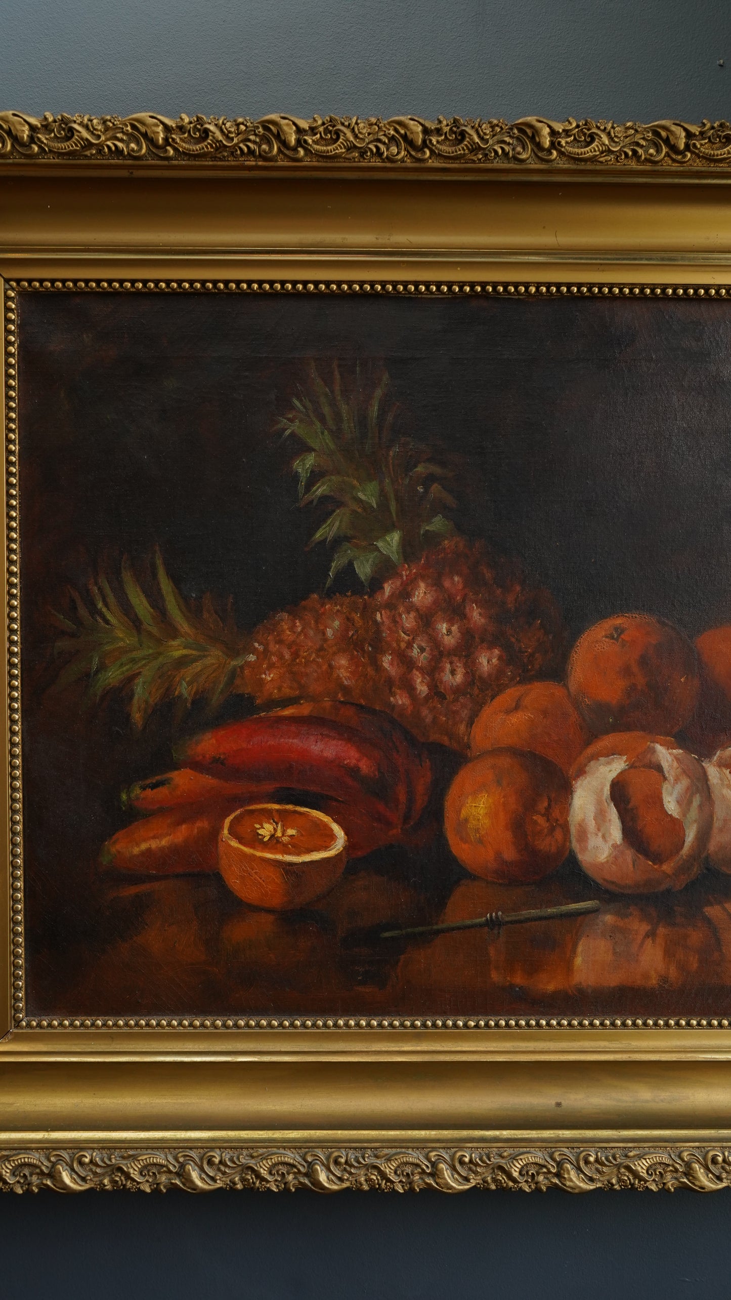 Antique European Still Life Oil Painting with Pineapple and Citrus in Gilded Frame