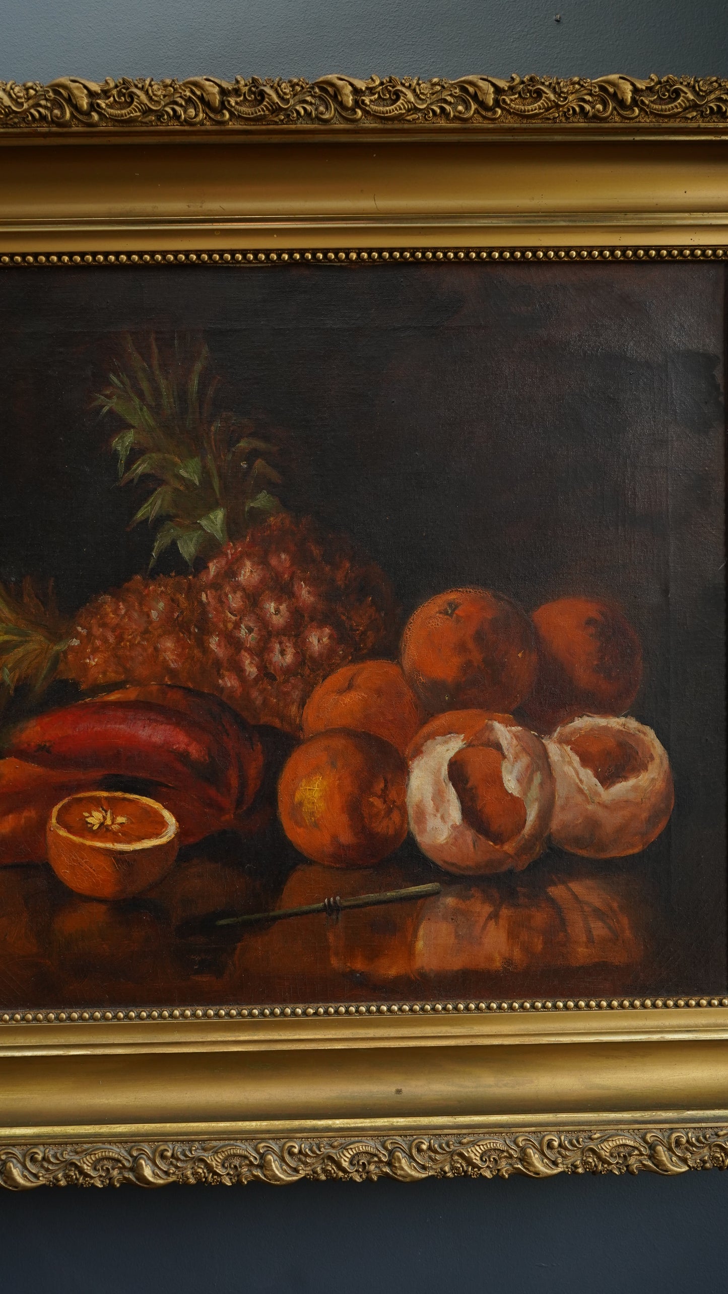 Antique European Still Life Oil Painting with Pineapple and Citrus in Gilded Frame