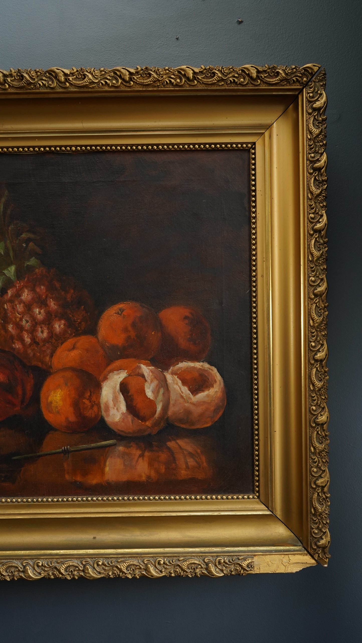 Antique European Still Life Oil Painting with Pineapple and Citrus in Gilded Frame