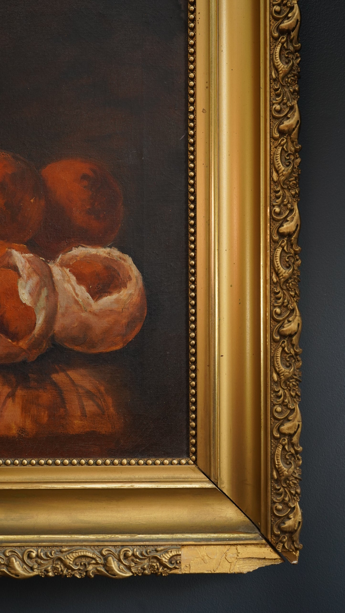 Antique European Still Life Oil Painting with Pineapple and Citrus in Gilded Frame