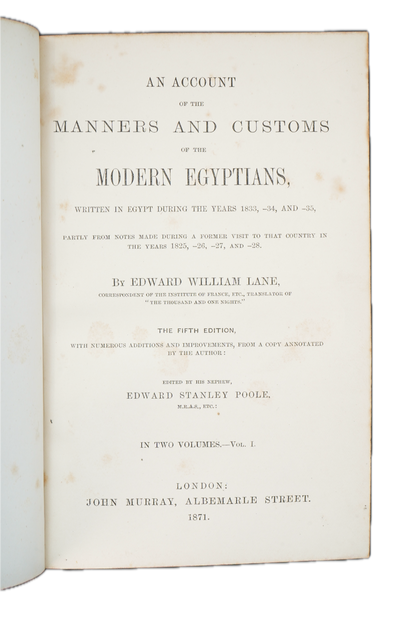 1871 Edward William Lane Manners and Customs of the Modern Egyptians