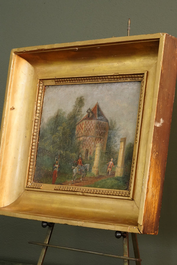 Antique French Genre Oil Painting of Estate Gate and Figures | 19th Century Oil on Canvas secondary view