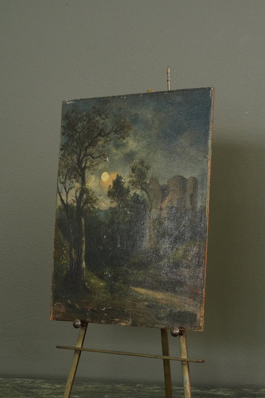 19th Century Continental European Moonlit Landscape with Castle Ruins