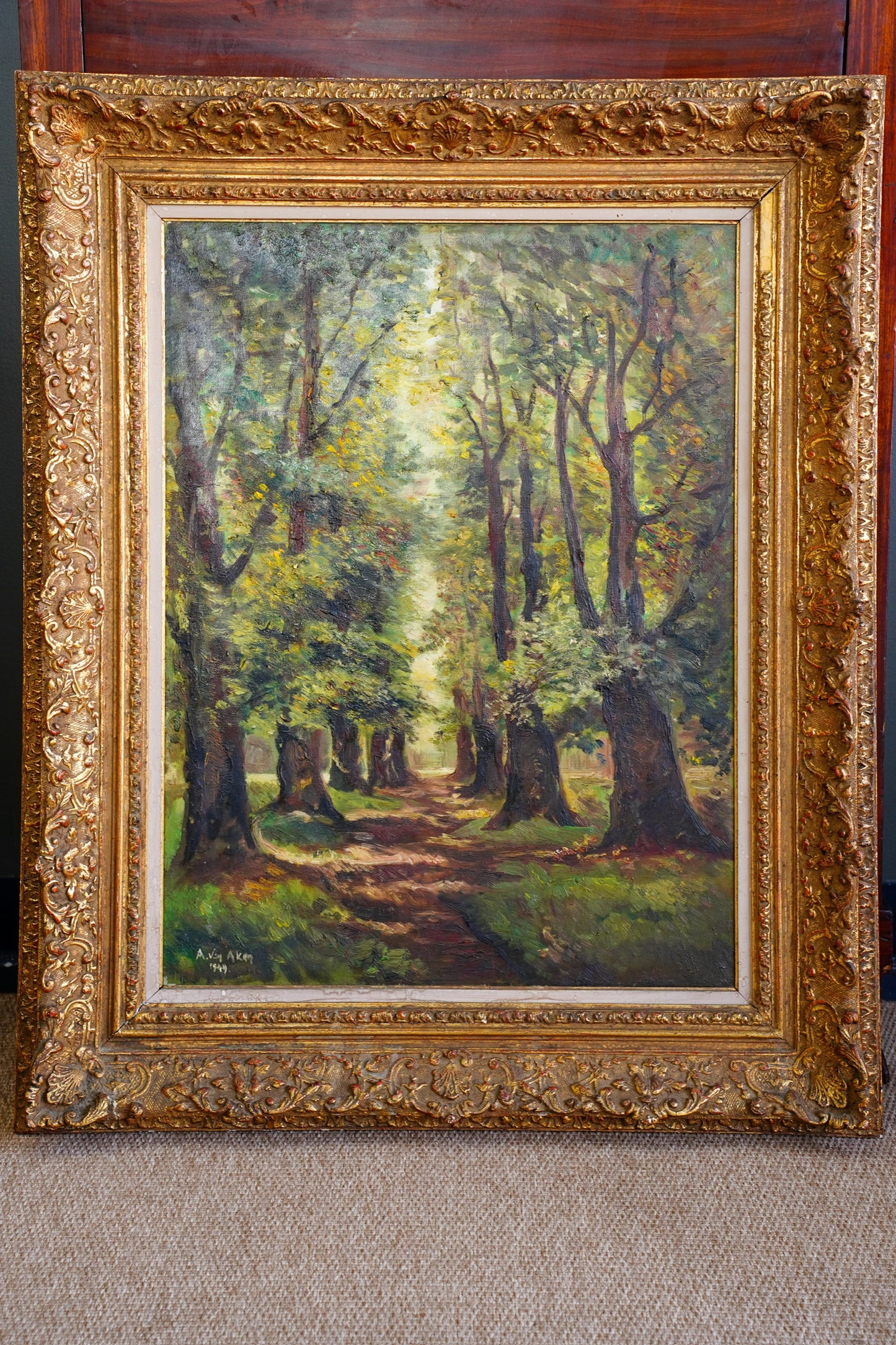 Vintage Signed Forest Path Oil Painting, Tree Lined Lane, 1949