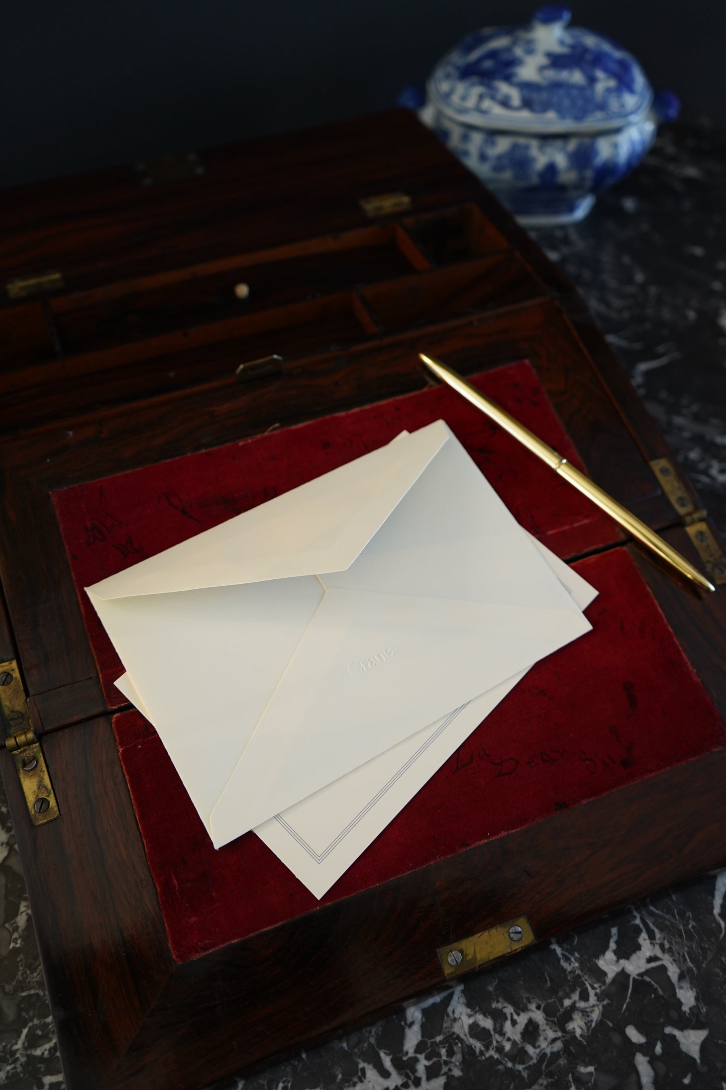 Antique Rosewood Writing Slope with Velvet Writing Surface and Inscriptions, Mid-19th Century