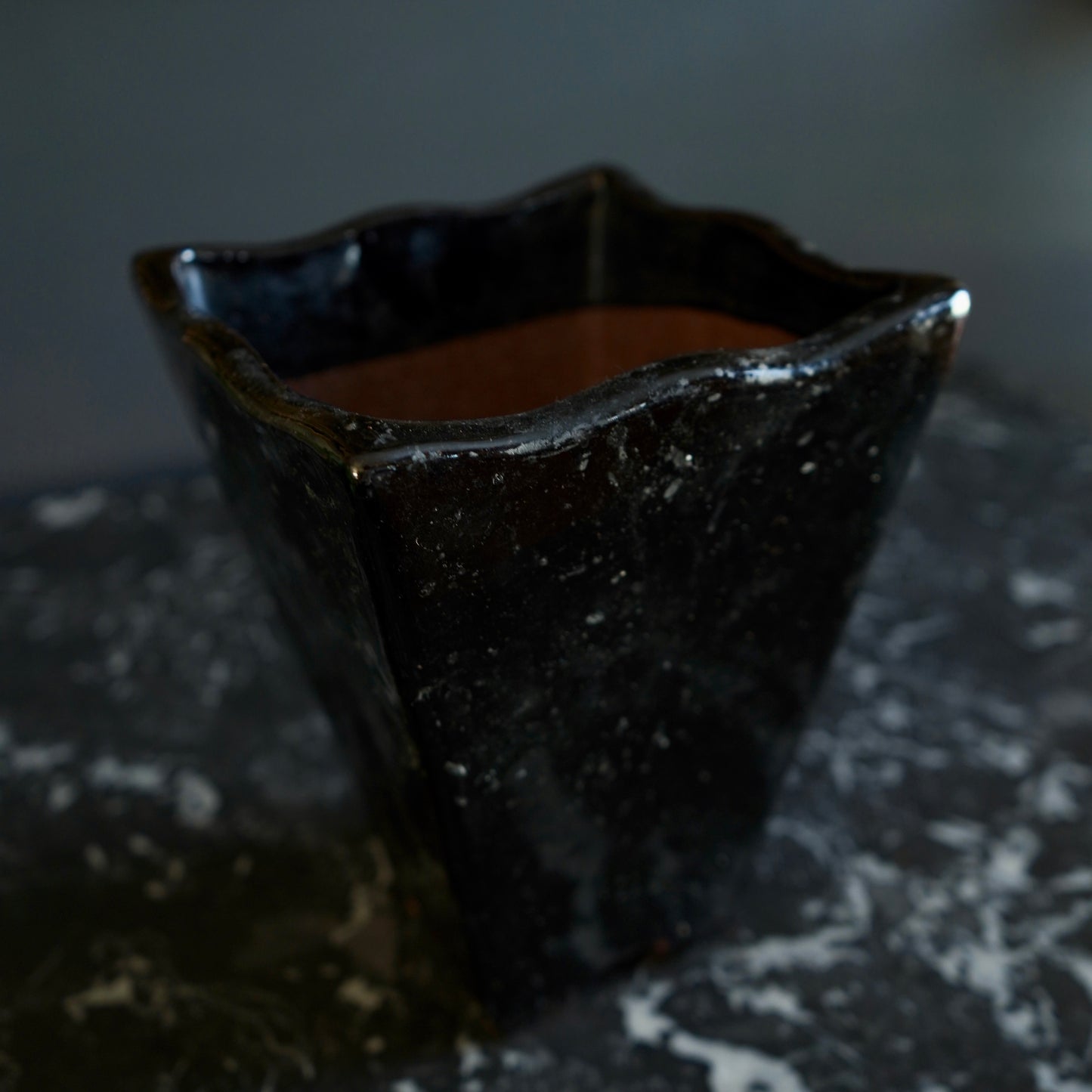 Mid-Century Japanese Black Tenmoku Glazed Terracotta Bonsai Pot | Wabi-Sabi Folk Craft Planter (8.75")