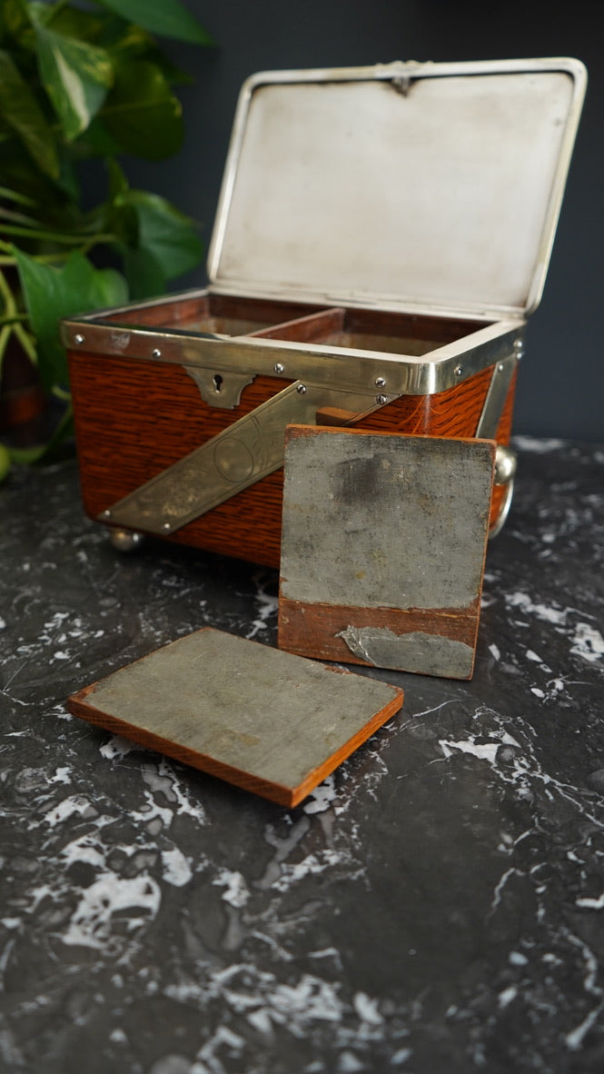 Antique English Oak and Silver-Plated Twin Tea Caddy | John Grinsell & Sons, c.1895–1910