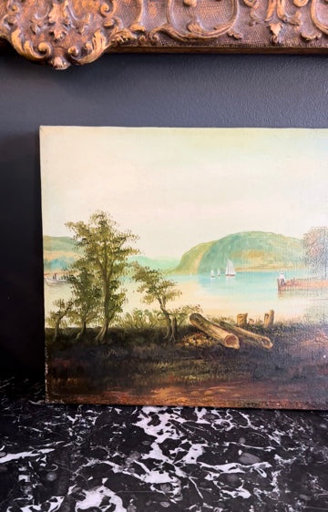 Vintage Hudson River School Style Oil on Canvas Landscape with Sailboats, Mid 20th Century Unframed