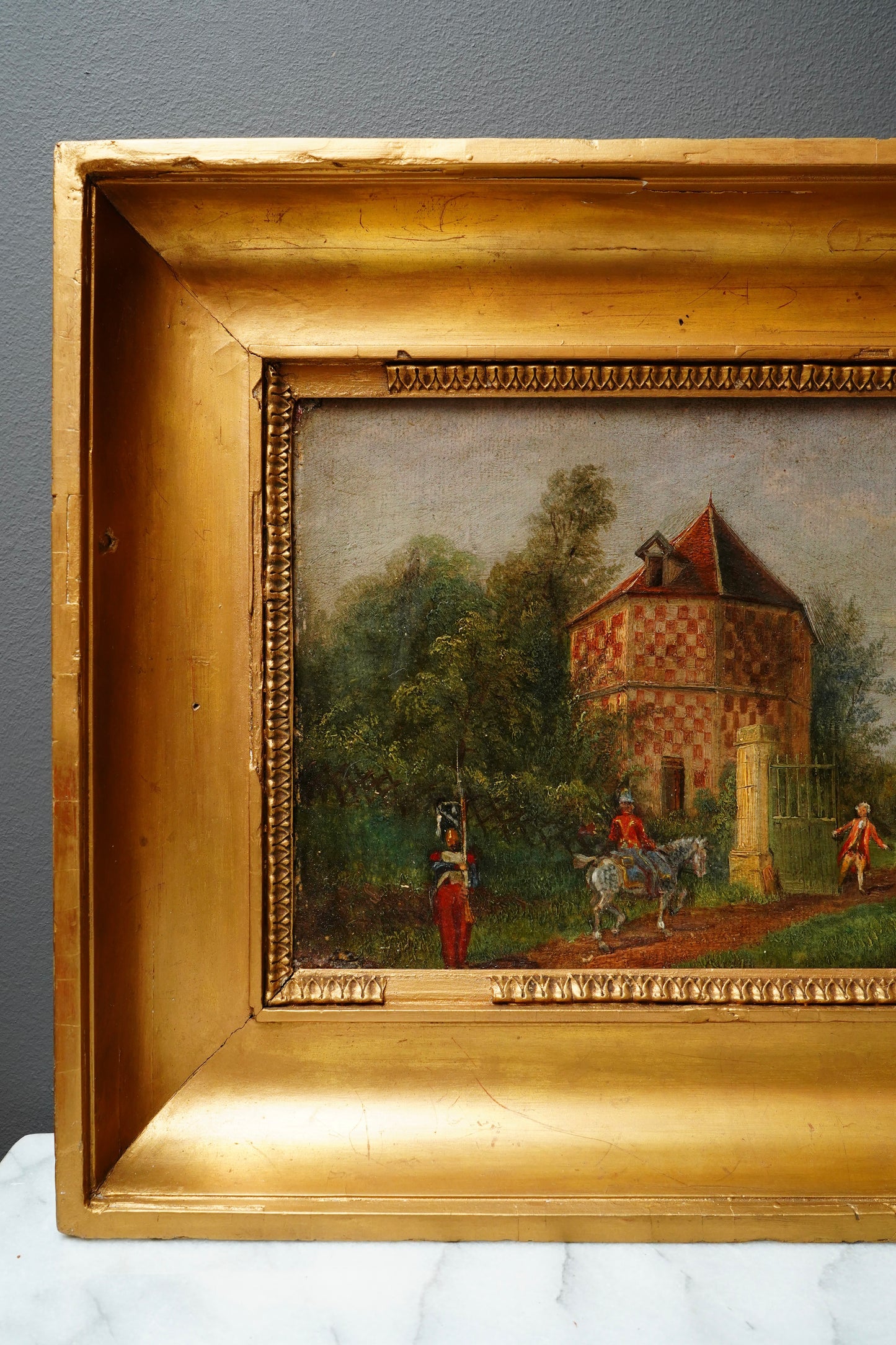 Antique French Genre Oil Painting of Estate Gate and Figures | 19th Century Oil on Canvas