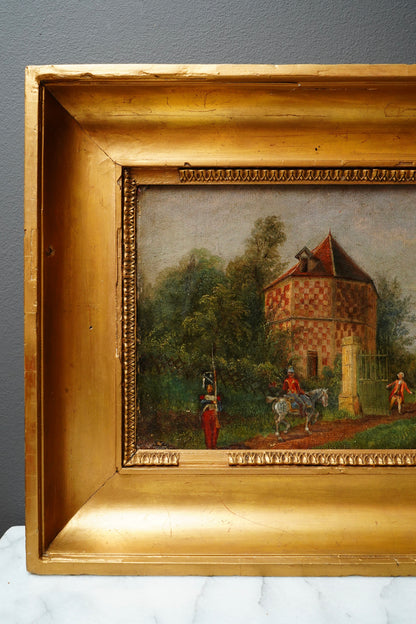 Antique French Genre Oil Painting of Estate Gate and Figures | 19th Century Oil on Canvas