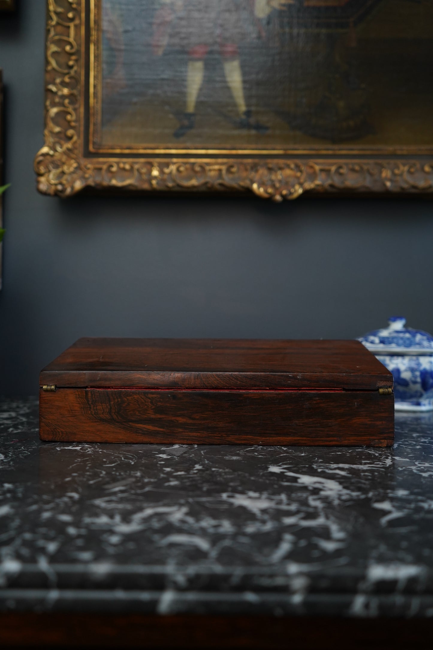 Antique Rosewood Writing Slope with Velvet Writing Surface and Inscriptions, Mid-19th Century