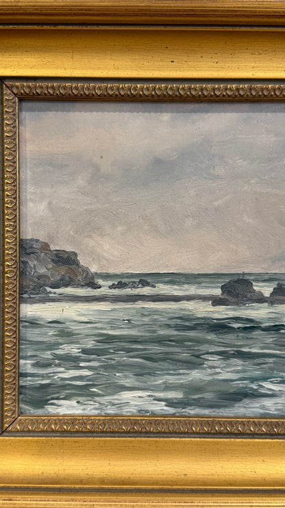 Antique British Marine Oil Painting, Rocky Coastal Seascape, Circa 1900
