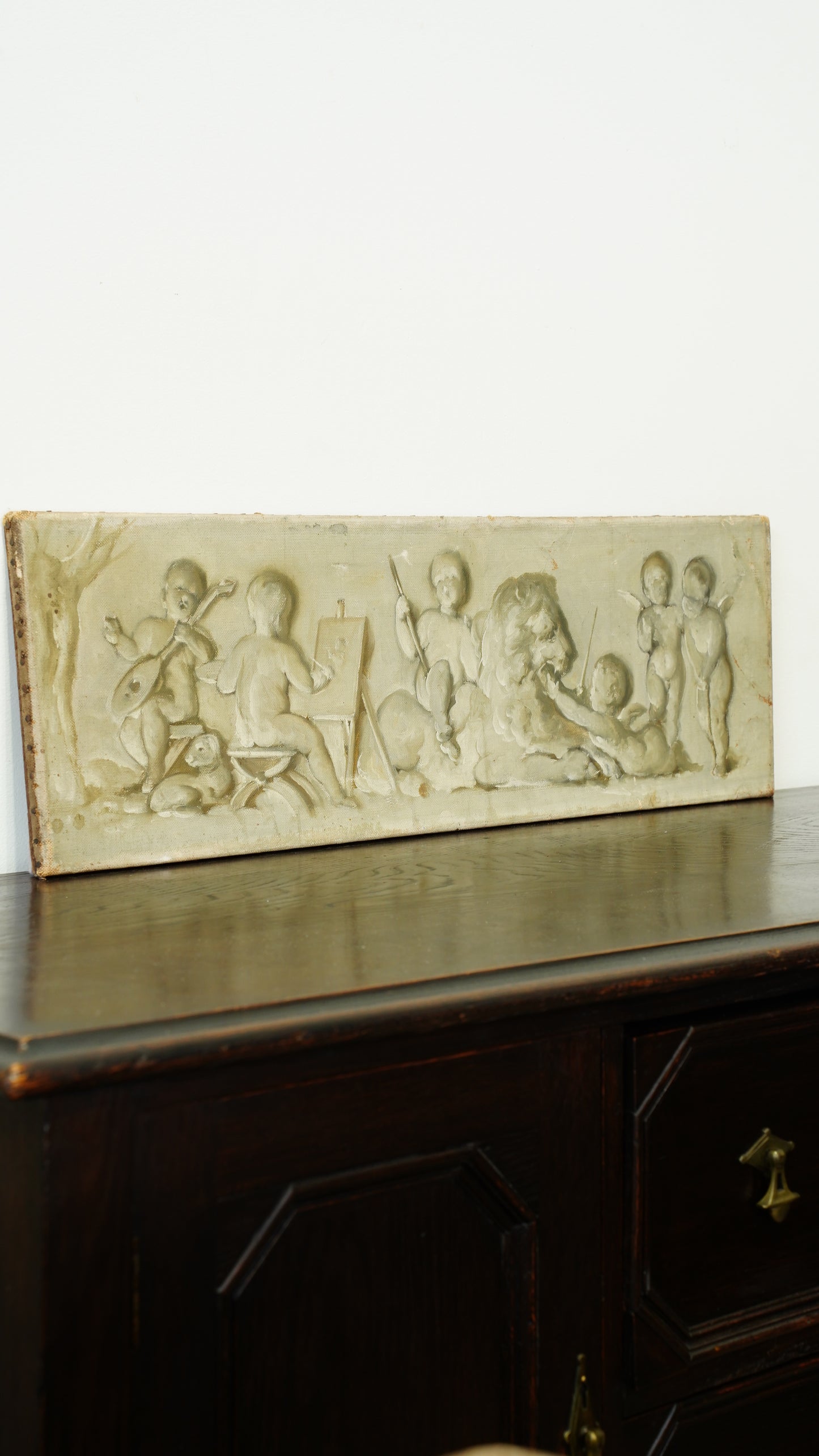 Antique Belgian Cherub Oil Painting, Putti and Lion Grisaille Panel