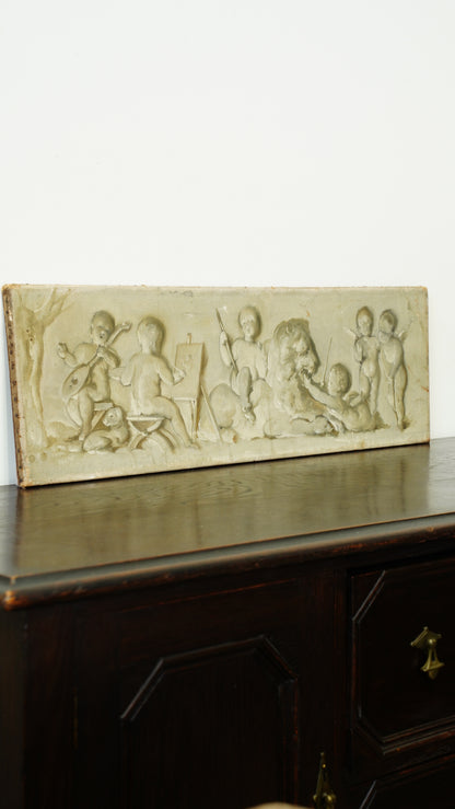 Antique Belgian Cherub Oil Painting, Putti and Lion Grisaille Panel