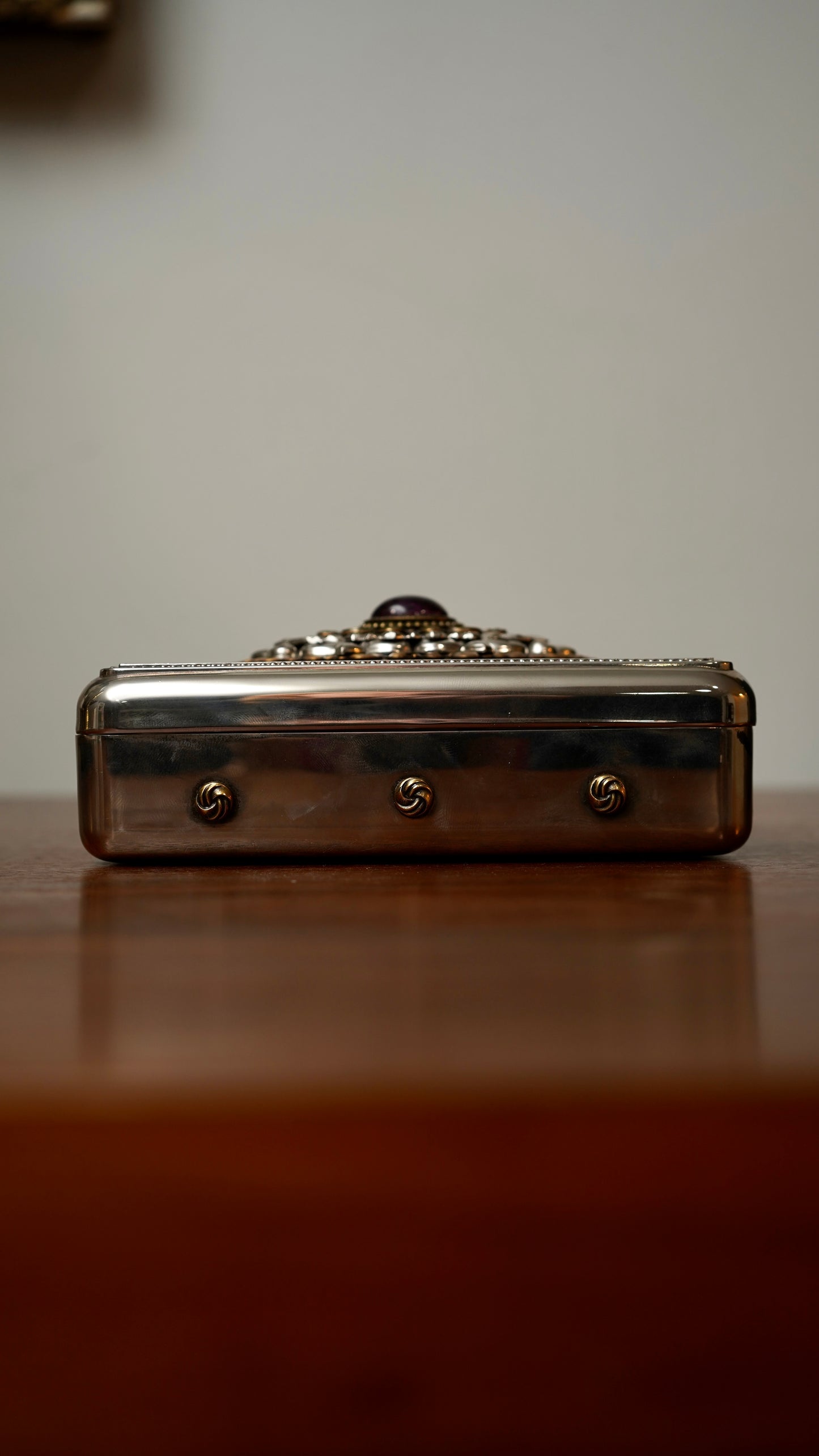 Vintage Silver-Plated Jewelry Box with Amethyst Glass Cabochon and Repoussé Medallion, Mid-20th Century
