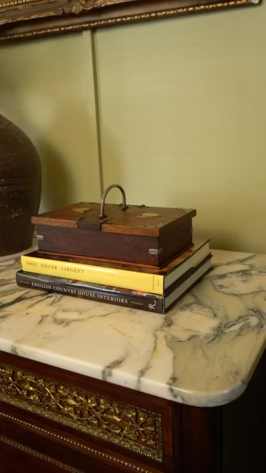 Antique Edwardian Oak & Silver-Plated Two-Compartment Stationery Box with Handle