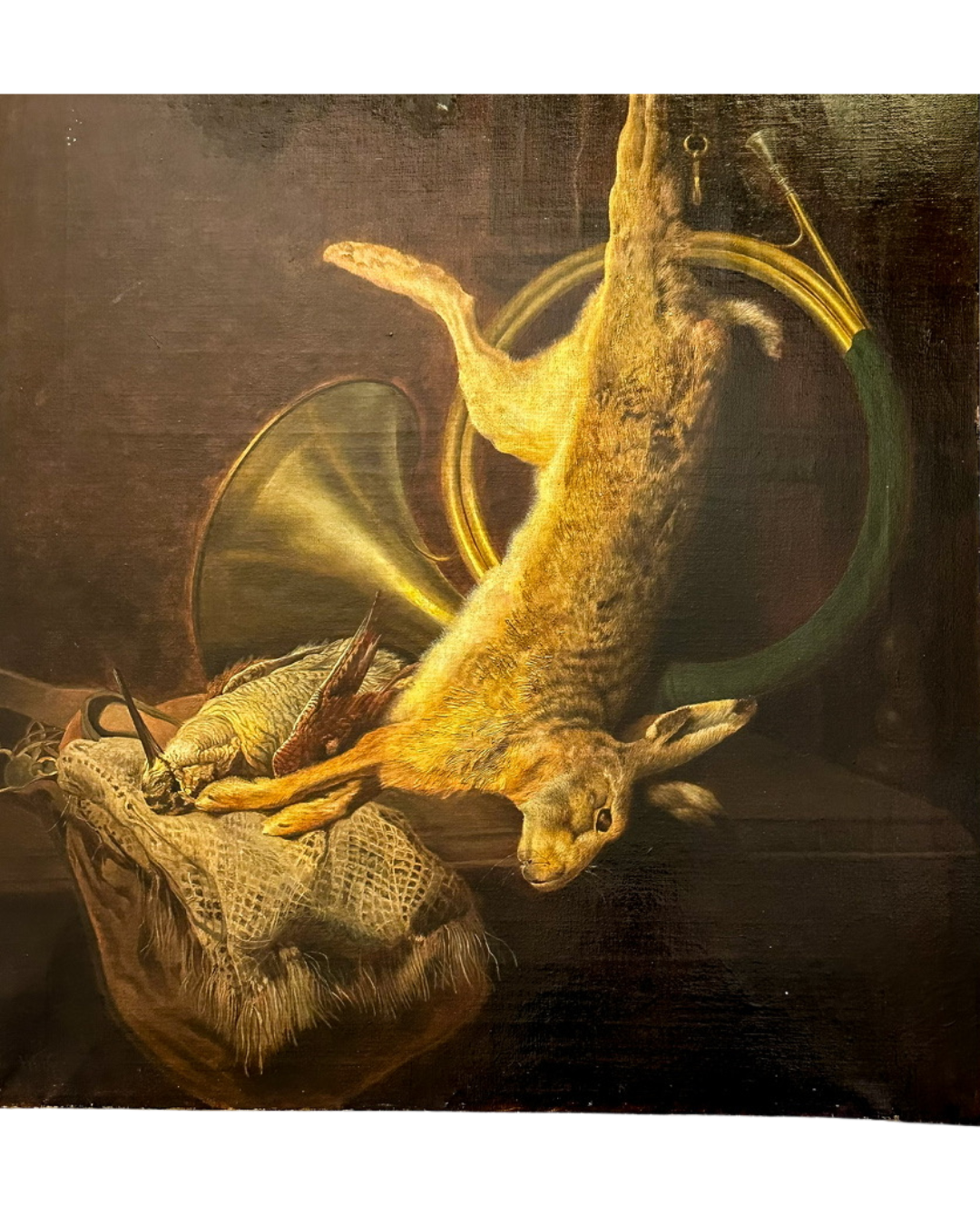 19th Century Game Hunt Rabbit Oil Painting, Large Unframed European Hunt Old Masters Oil Painting