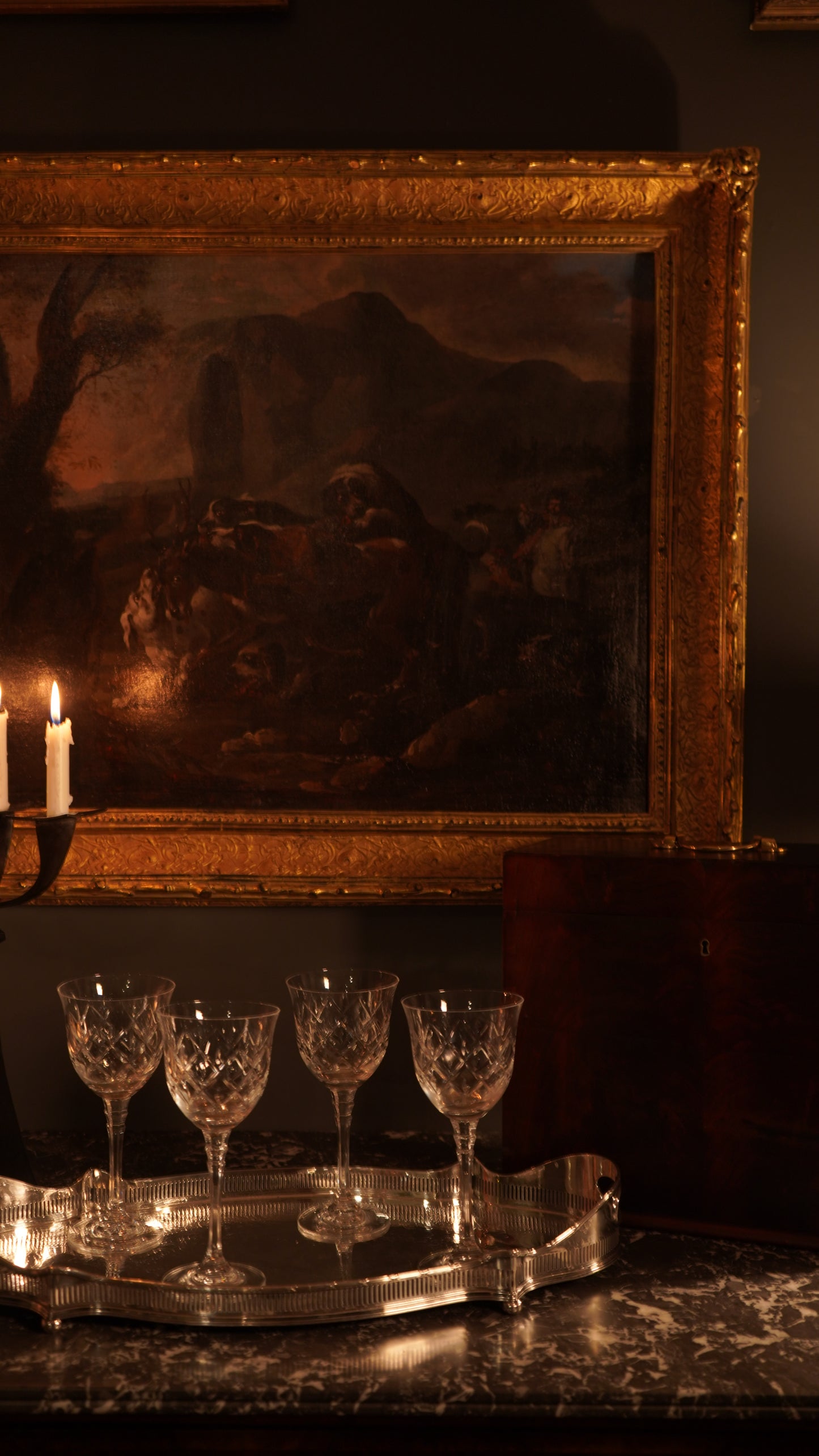 “Hounds Hunting Stag” – 18th Century French Oil Painting Attributed to the Fontainebleau Tradition