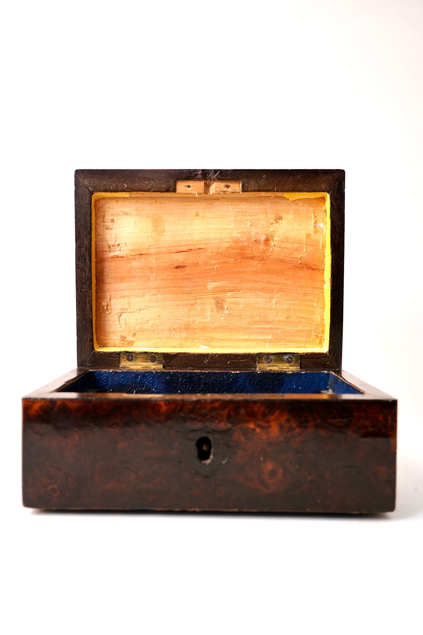 Miniature Antique English Burr Walnut Veneer Trinket Box with Blue Lining