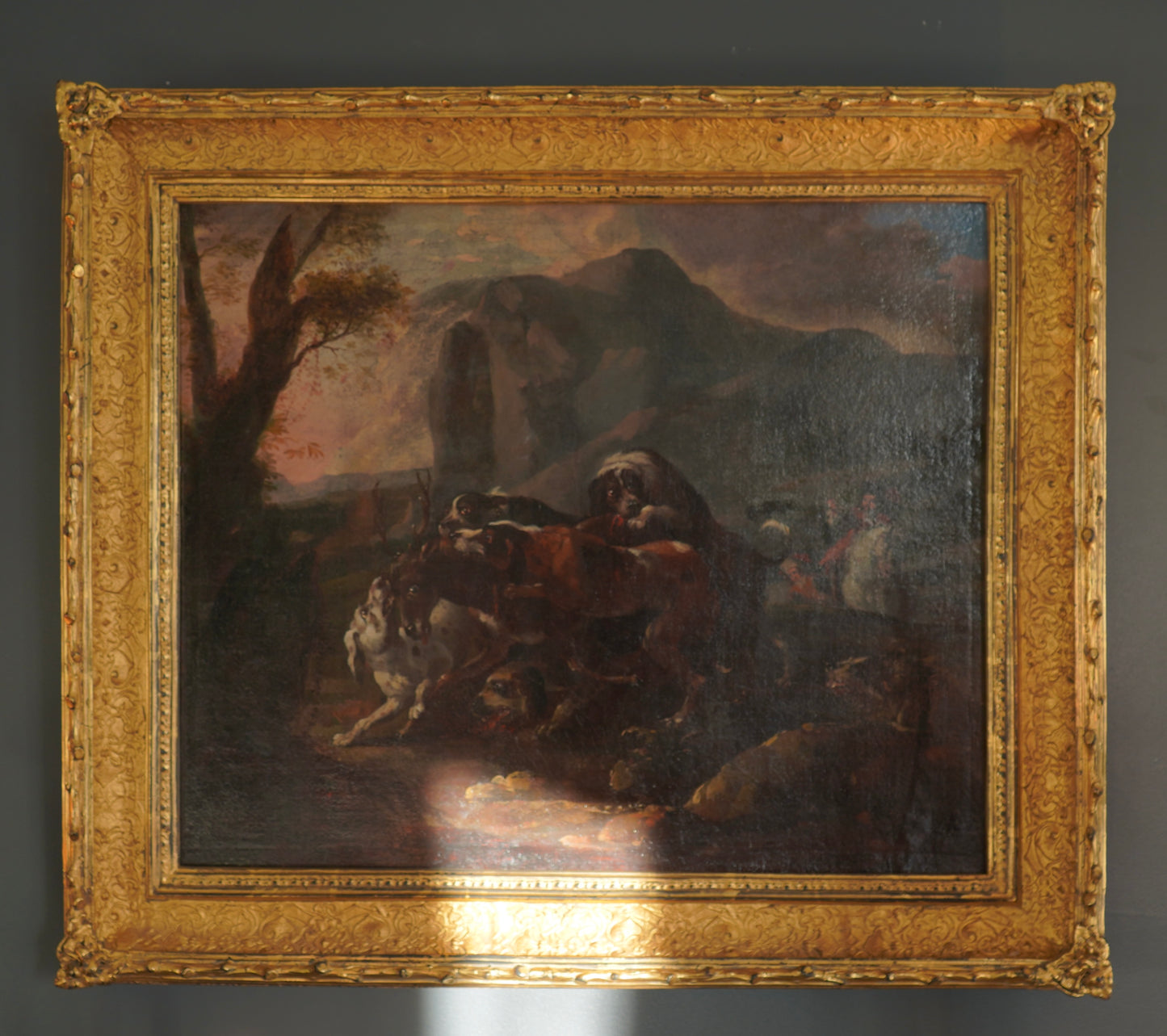 “Hounds Hunting Stag” – 18th Century French Oil Painting Attributed to the Fontainebleau Tradition