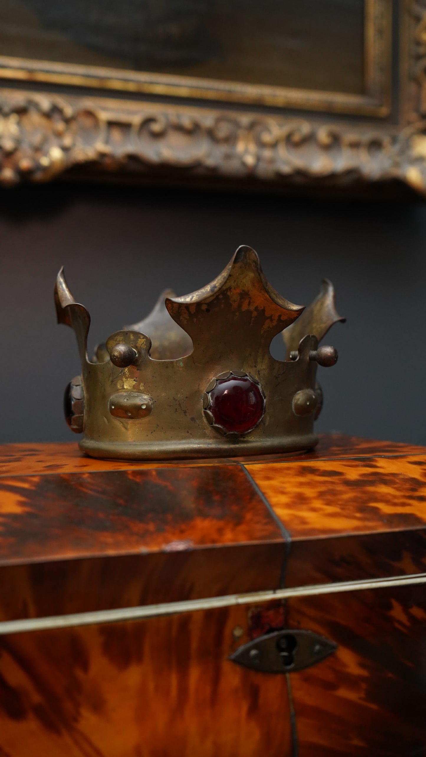 Antique Brass Crown Mount with Red Glass Jewels | Gothic Revival Altar Ornament c.1880–1920