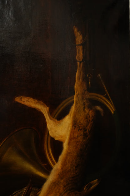 Antique Large 19th Century Continental Hunting Still Life Oil Painting, Hare and Horn