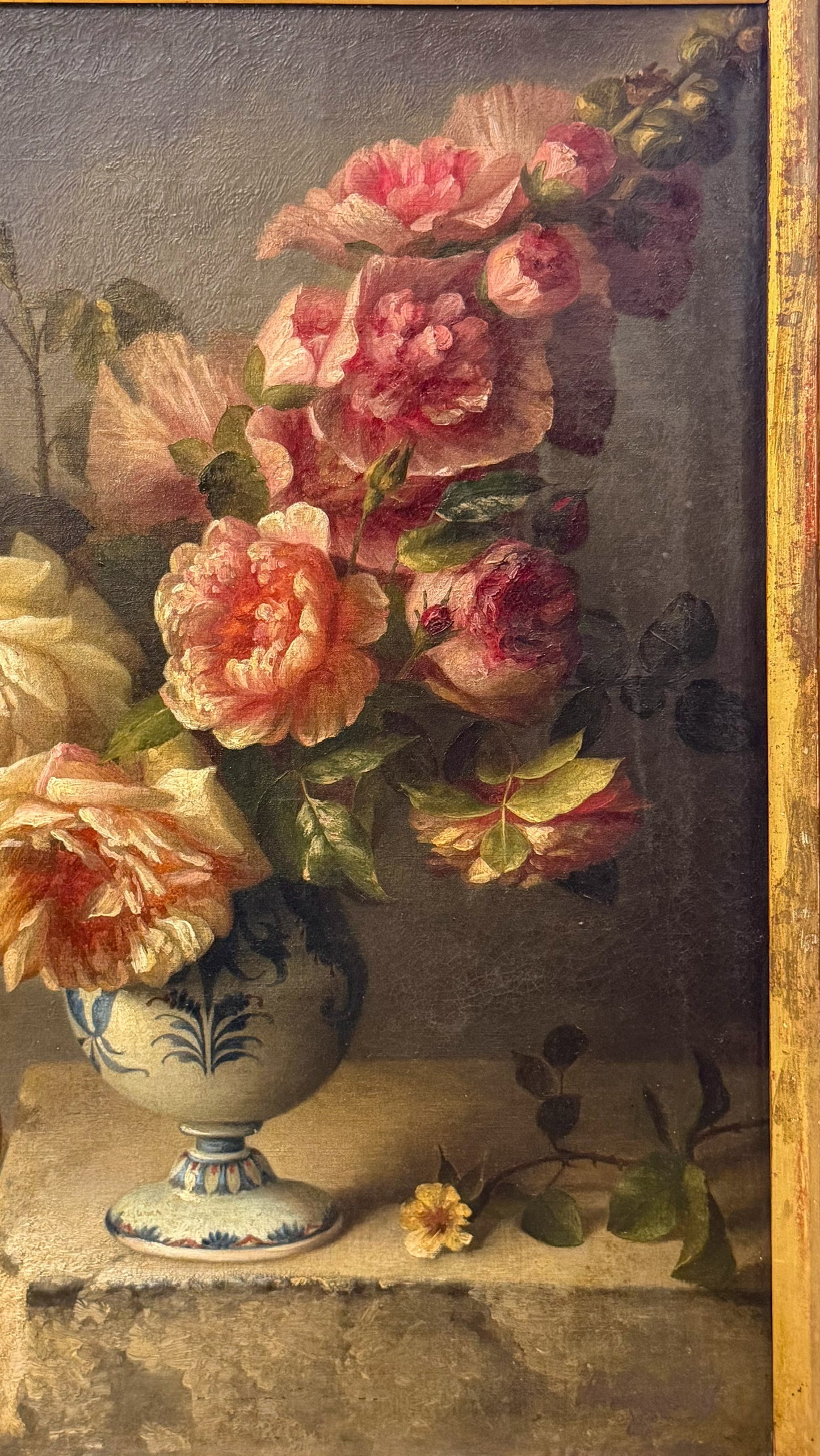 Antique Oil Painting Roses in Blue and White Vase