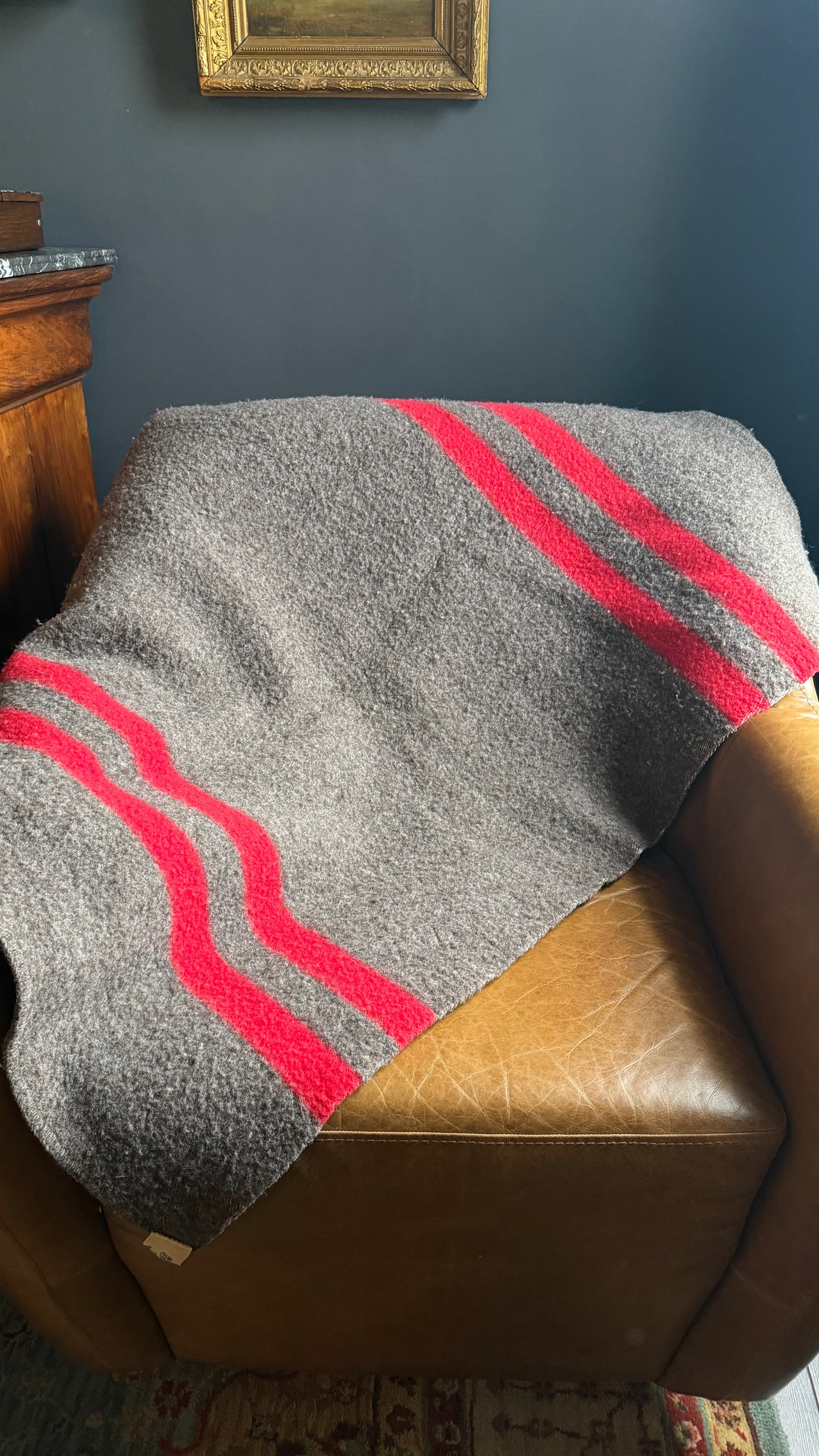 Mid-Century Wool Camp Blanket by Baron Woolen Mills in Grey with Red Stripes