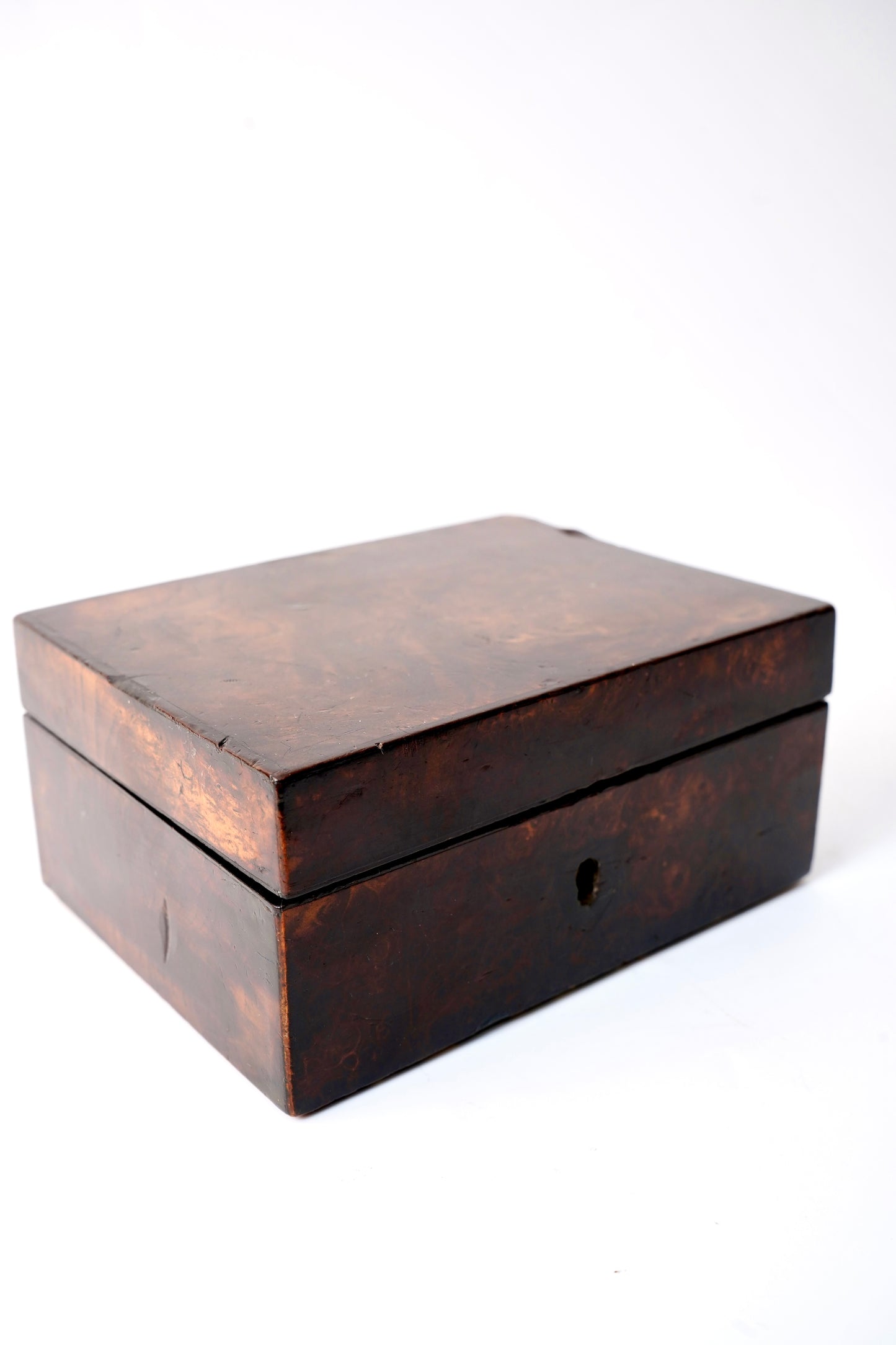 Miniature Antique English Burr Walnut Veneer Trinket Box with Blue Lining