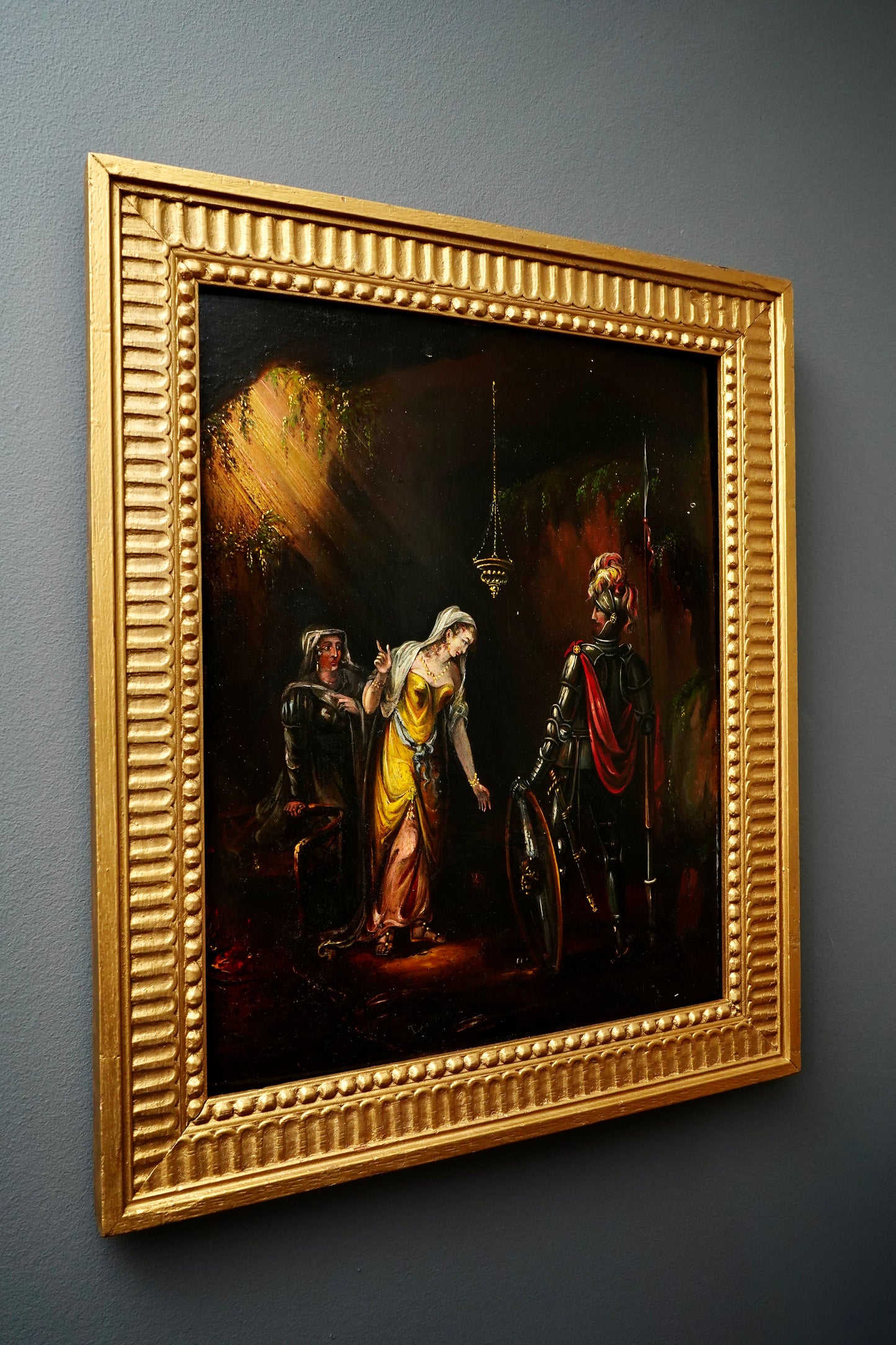 Antique Troubadour Style Chivalric Scene Oil Painting