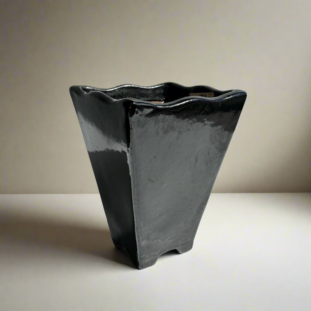 Mid-Century Japanese Black Tenmoku Glazed Terracotta Bonsai Pot | Wabi-Sabi Folk Craft Planter (8.75")