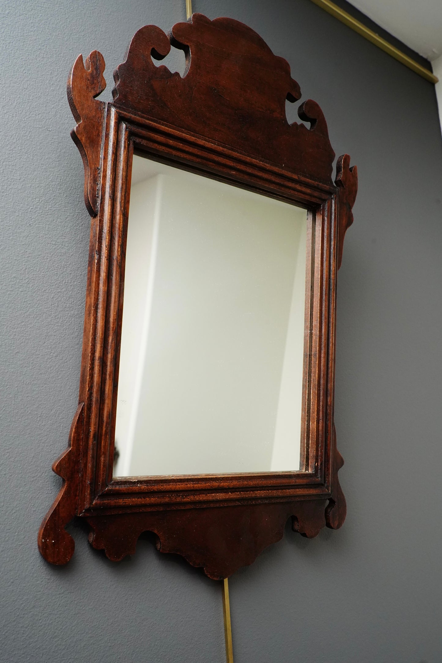 Antique-Style Chippendale Revival Wood Wall Mirror with Pierced Scroll Crest