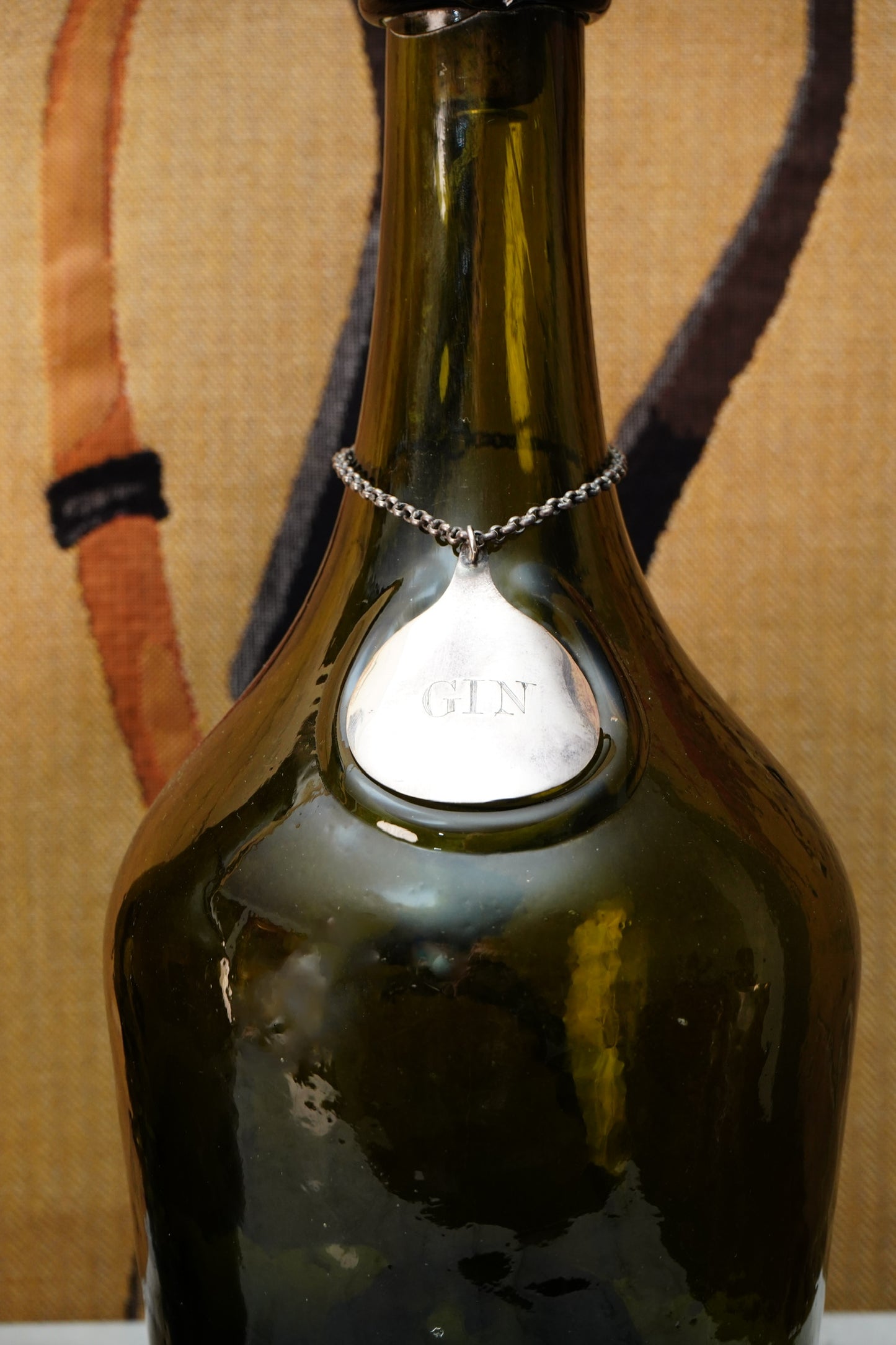 Antique Green Glass Gin and Brandy Decanters with Silver Plate Labels