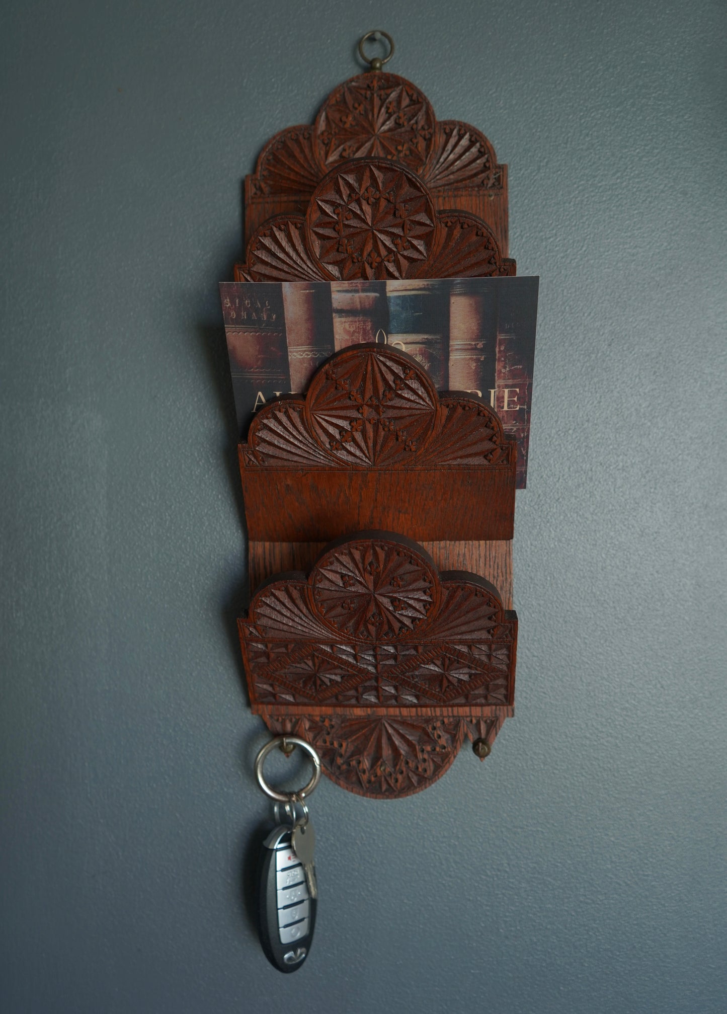 Antique Hand-Carved Oak Letter Rack with Key Hooks | Arts & Crafts Folk Carving c.1880–1910