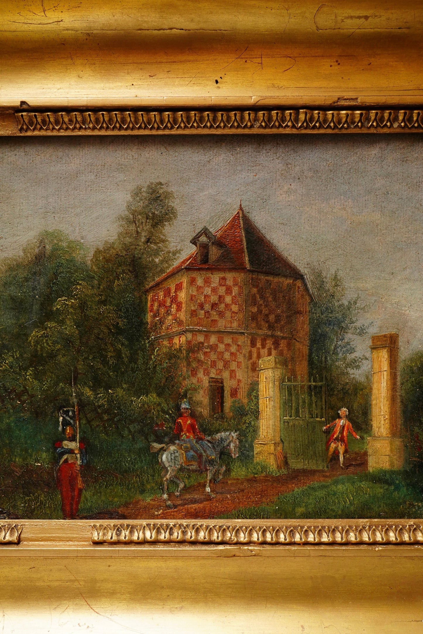 Antique French Genre Oil Painting of Estate Gate and Figures | 19th Century Oil on Canvas