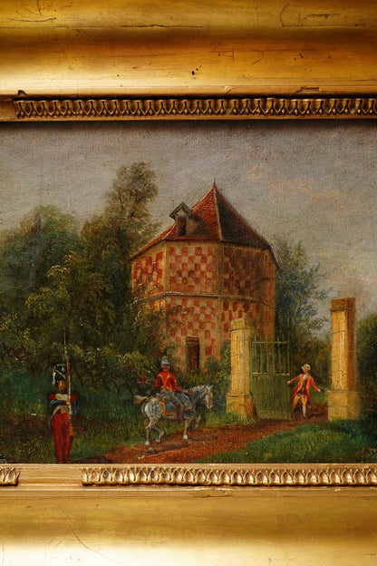 Antique French Genre Oil Painting of Estate Gate and Figures | 19th Century Oil on Canvas
