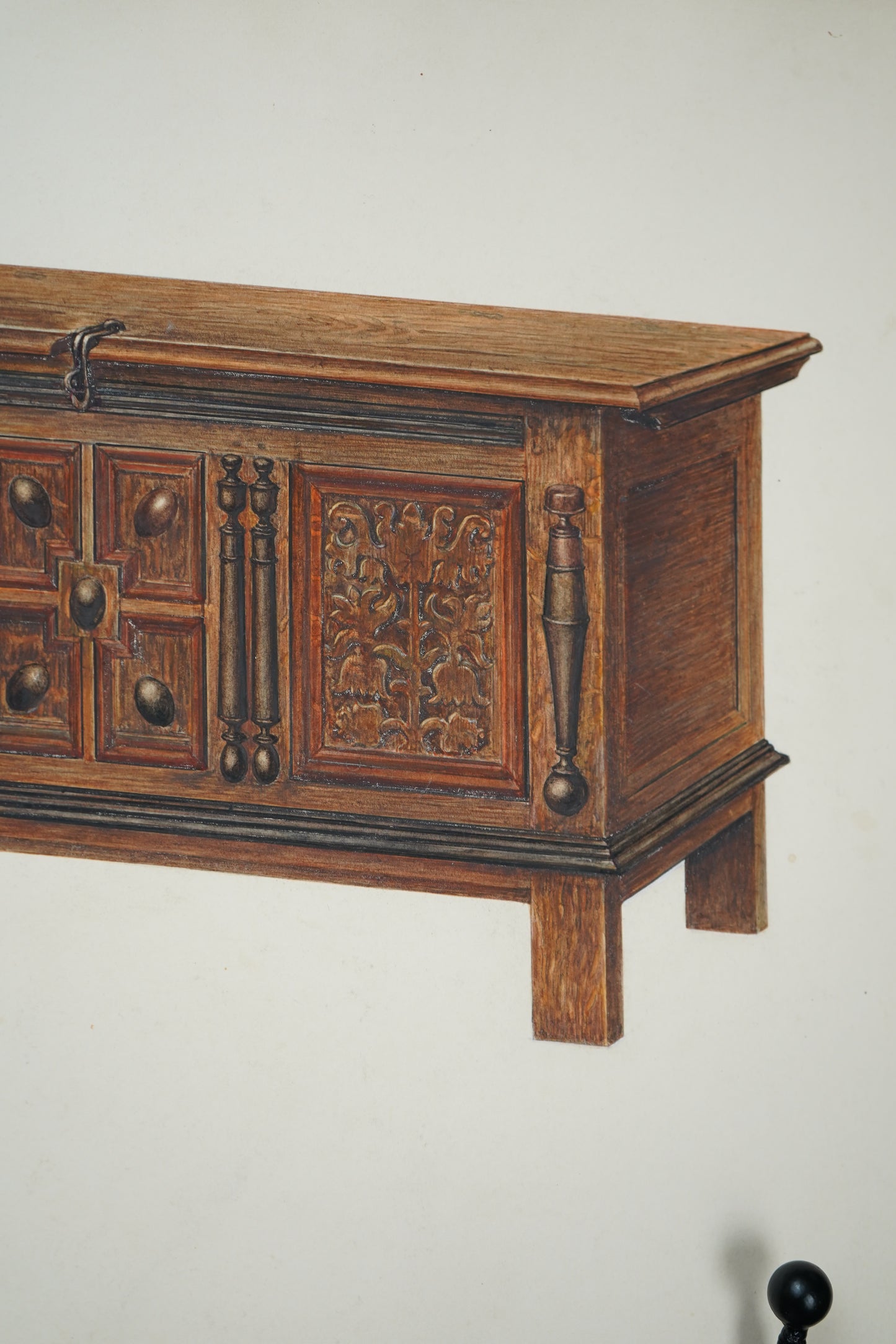 Antique Furniture Illustration – Colored Pencil Rendering of a Jacobean Oak Chest by Chas. Squires, c.