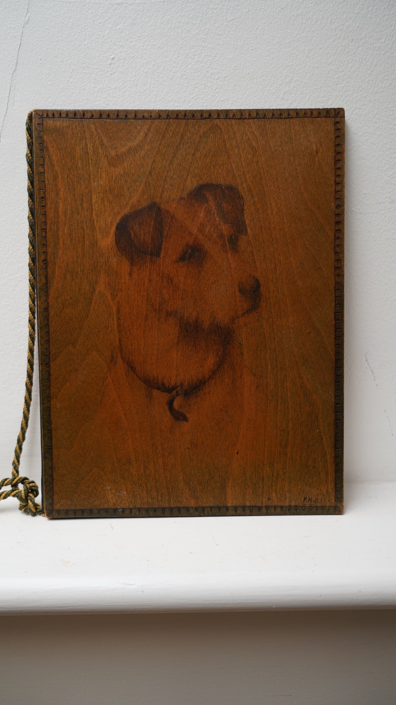 Antique Handcrafted Pokerwork Terrier Writing Blotter, Signed F.H.O., c. 1910–1930