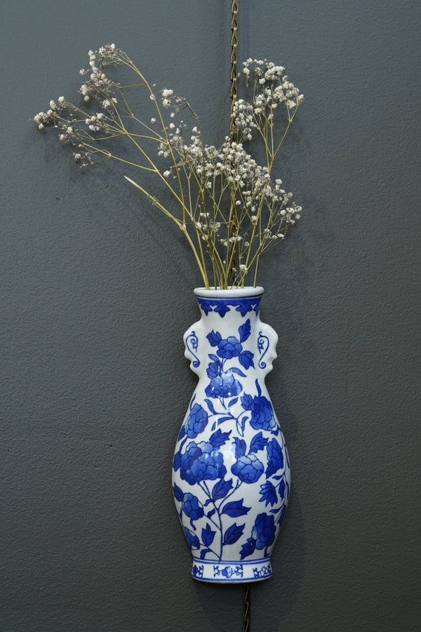 Vintage Blue and White Wall Pocket Vase, Chinoiserie Peony